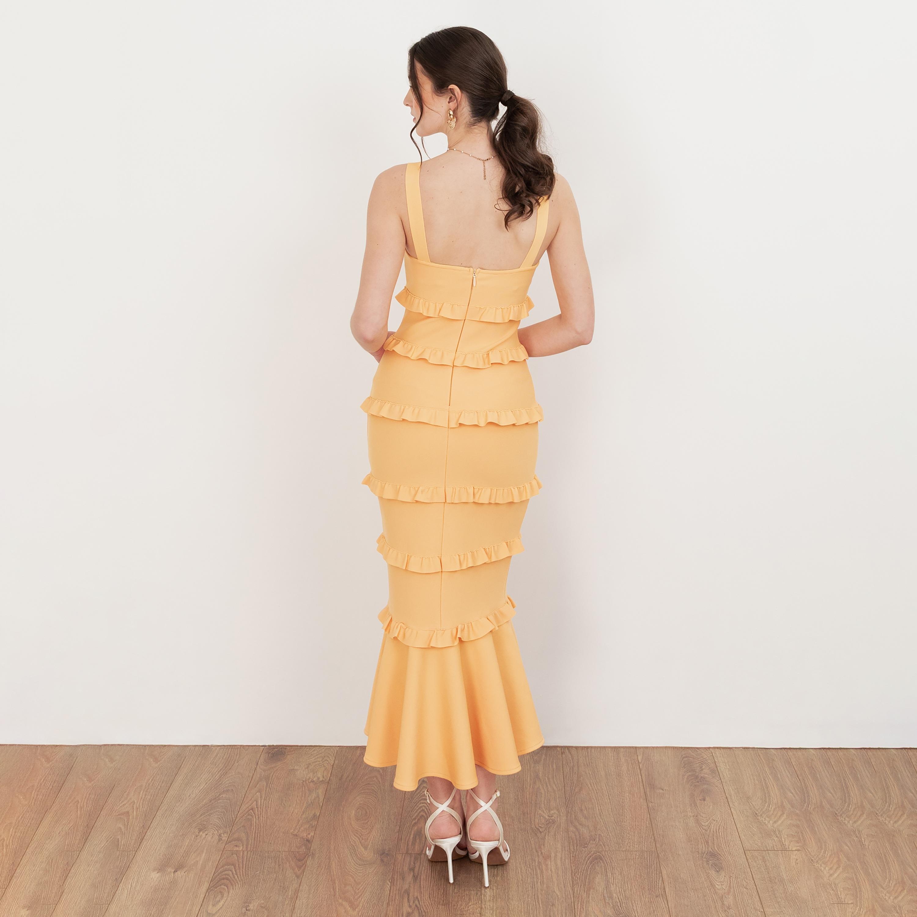 Maya Deluxe Amber Yellow Square Neck Mermaid Women's Midi Dress-women-clothing-dresses-image-2