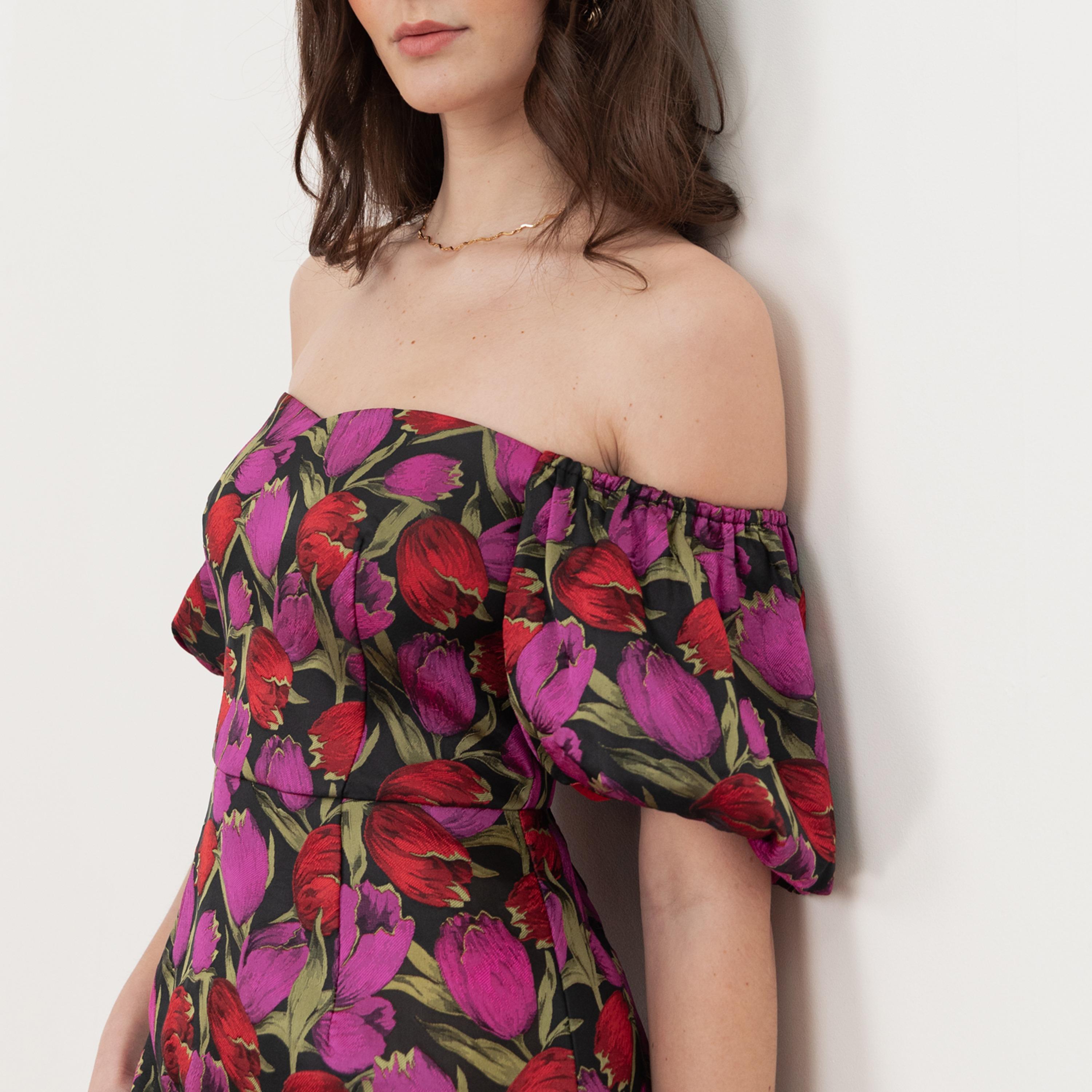 Maya Deluxe Multi Floral Jacquard Off-Shoulder Puff Sleeves Bodycon Women's Mini Dress-women-clothing-dresses-image-3