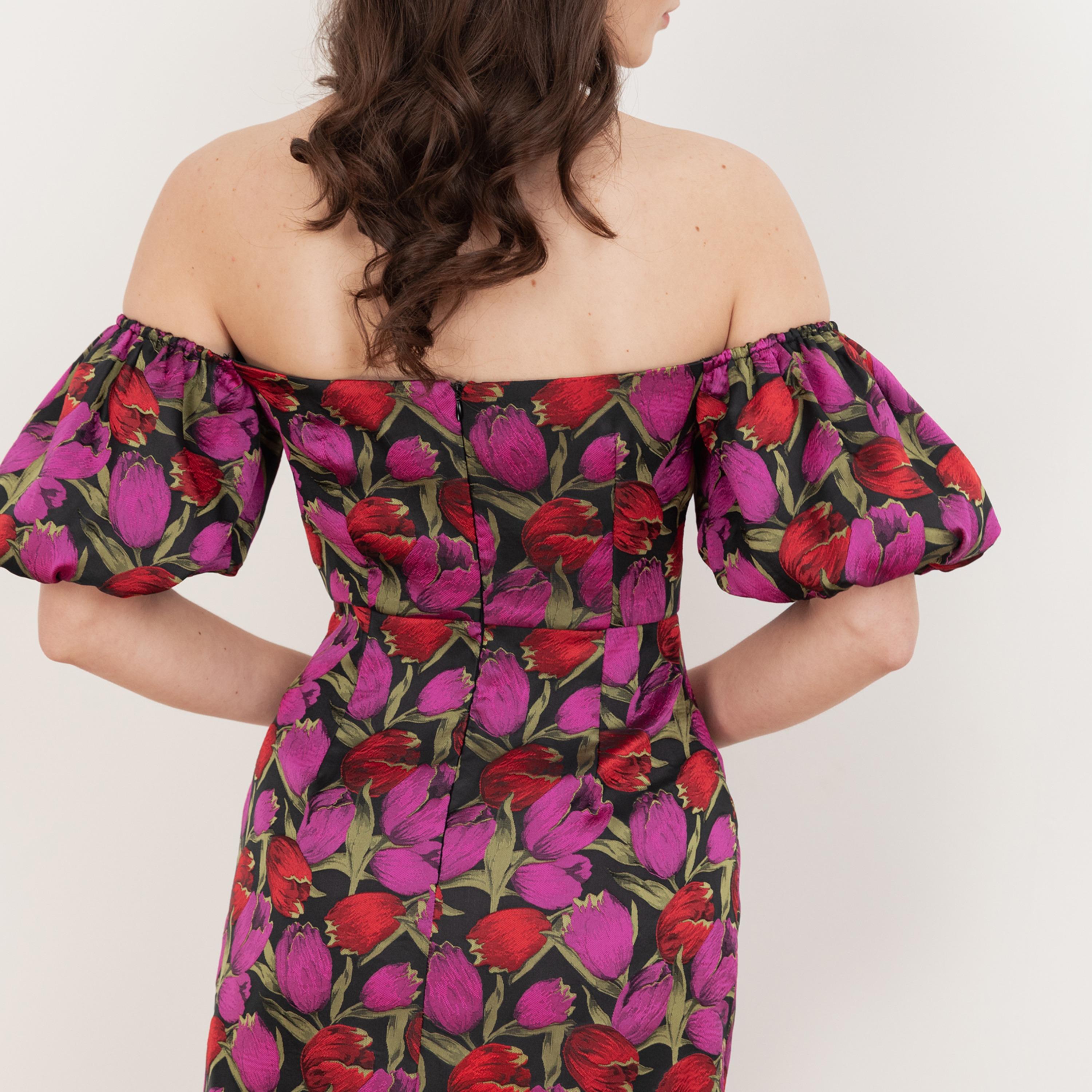 Maya Deluxe Multi Floral Jacquard Off-Shoulder Puff Sleeves Bodycon Women's Mini Dress-women-clothing-dresses-image-4