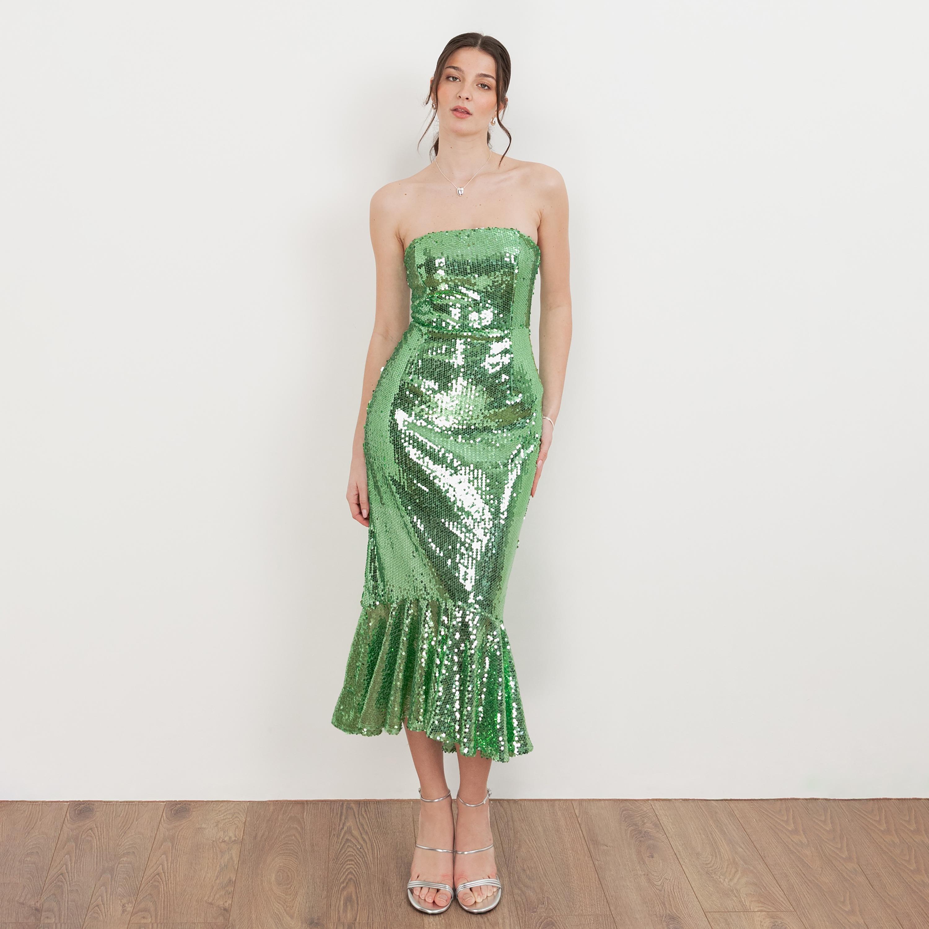 Maya Deluxe Green Sequined Strapless Mermaid Women's Evening Midi Dress-women-clothing-dresses-image-1