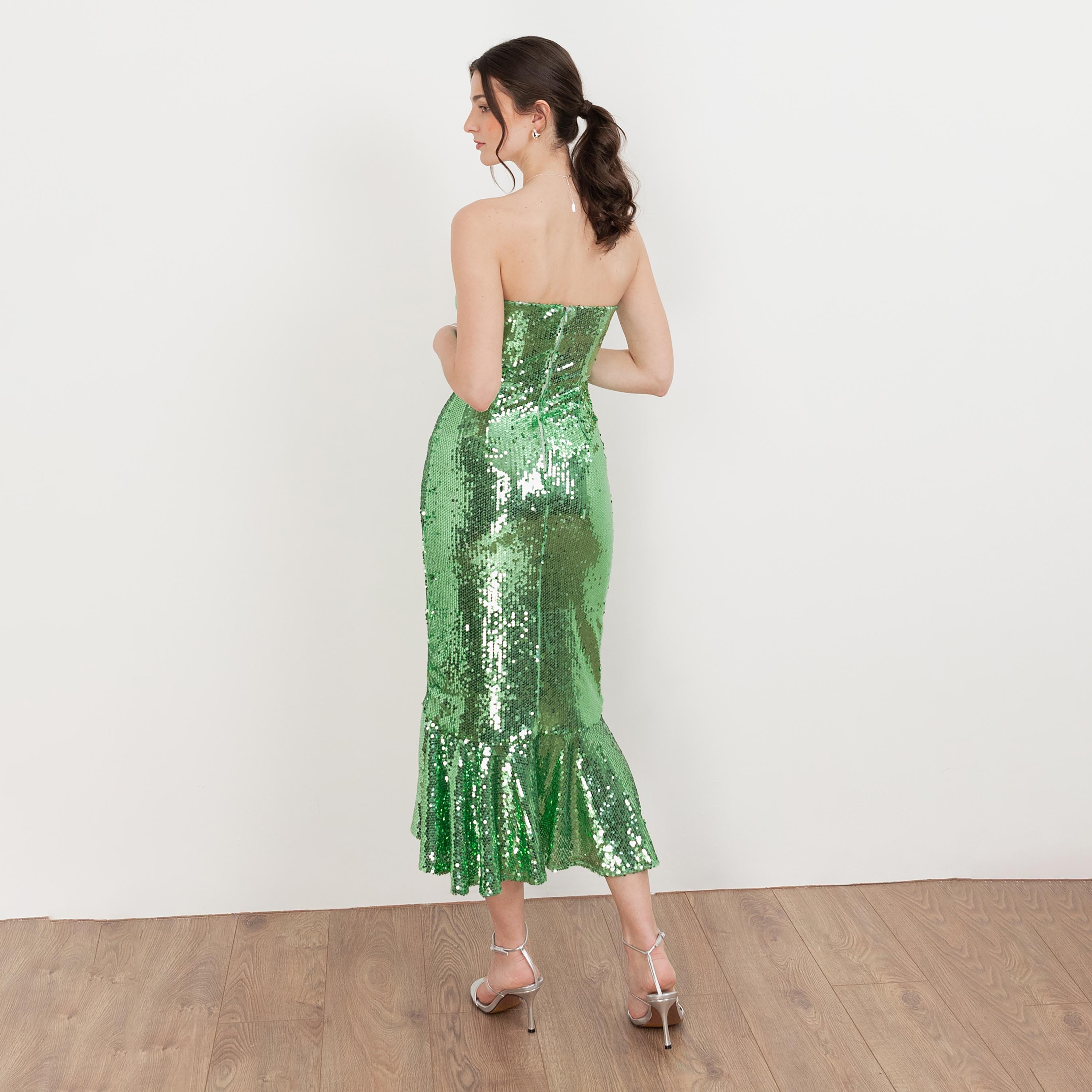 Maya Deluxe Green Sequined Strapless Mermaid Women's Evening Midi Dress-women-clothing-dresses-image-2