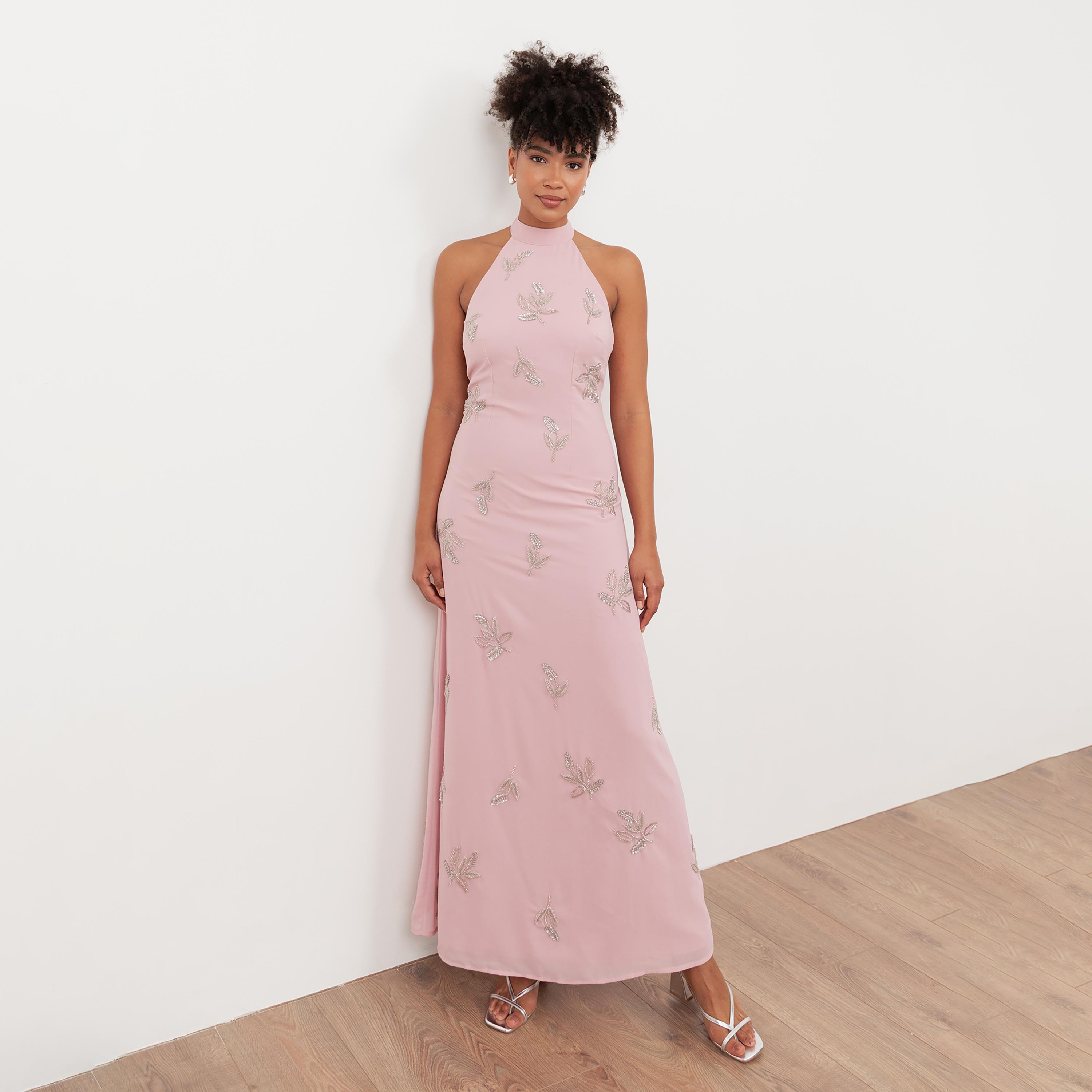 Maya Deluxe Beaded Georgette Halter Neck Women's Evening Maxi Dress-women-clothing-dresses-image-1