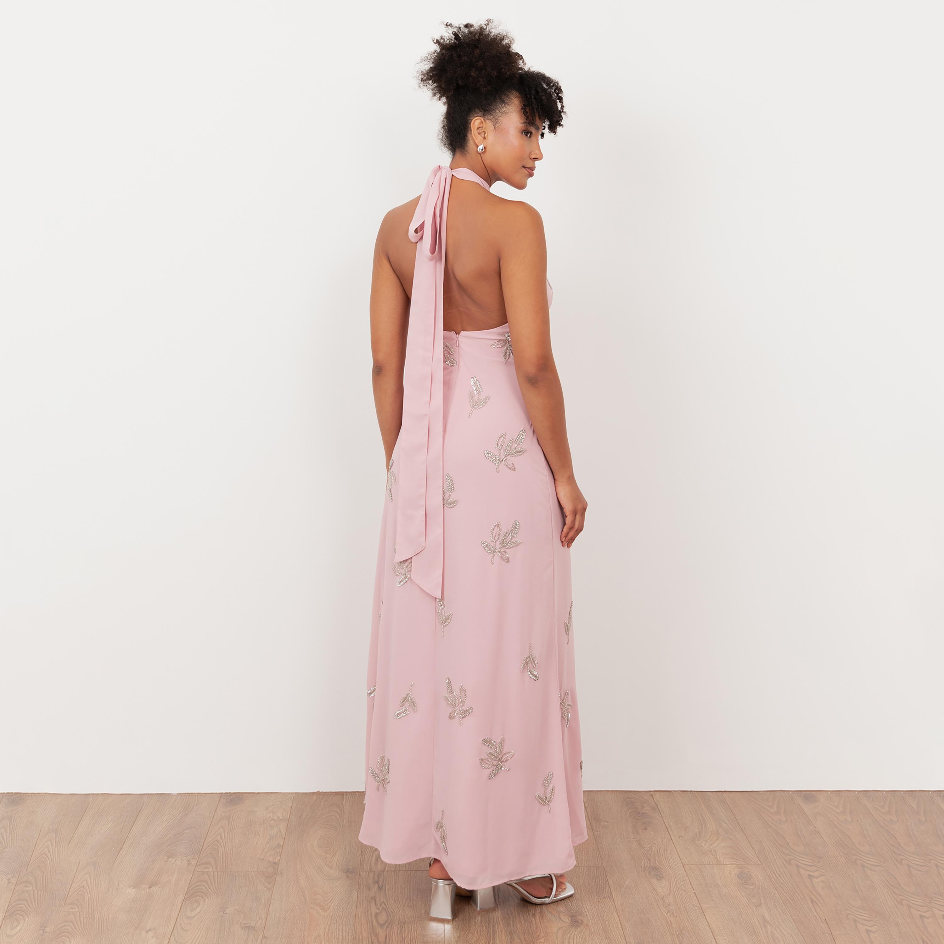 Maya Deluxe Beaded Georgette Halter Neck Women's Evening Maxi Dress-women-clothing-dresses-image-2