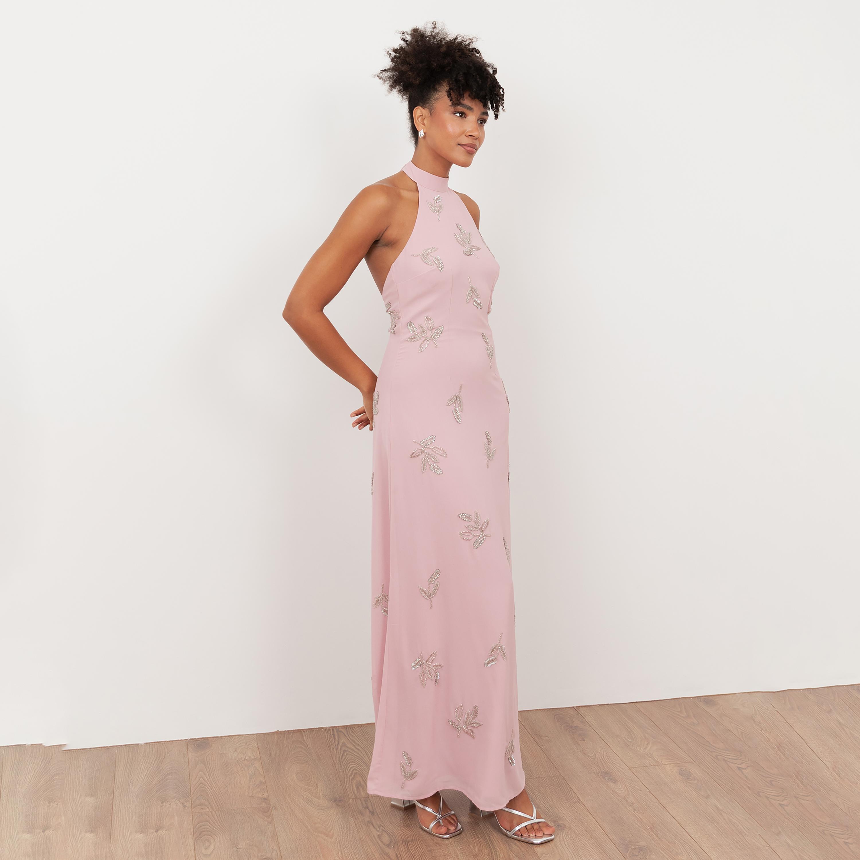 Maya Deluxe Beaded Georgette Halter Neck Women's Evening Maxi Dress-women-clothing-dresses-image-3