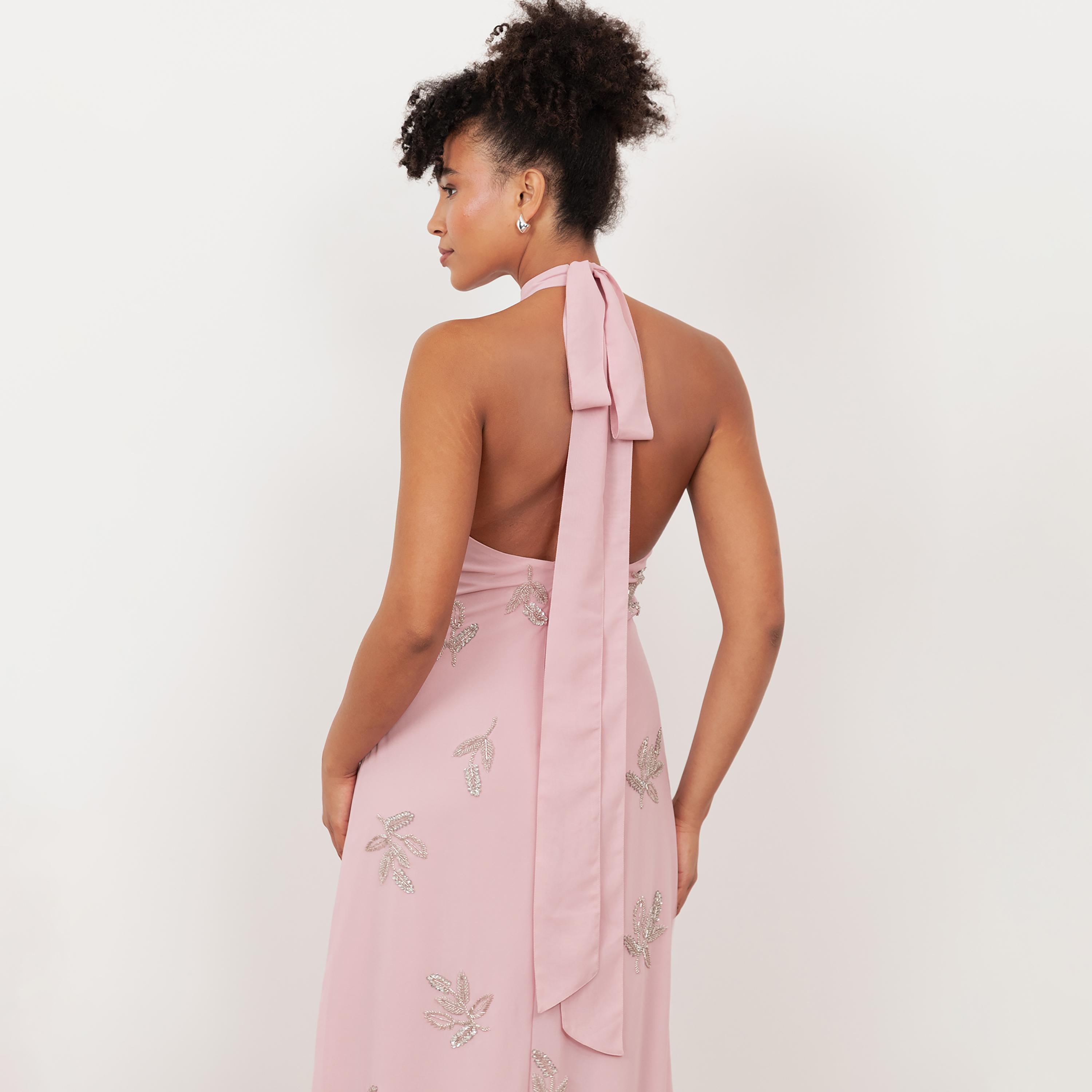 Maya Deluxe Beaded Georgette Halter Neck Women's Evening Maxi Dress-women-clothing-dresses-image-5