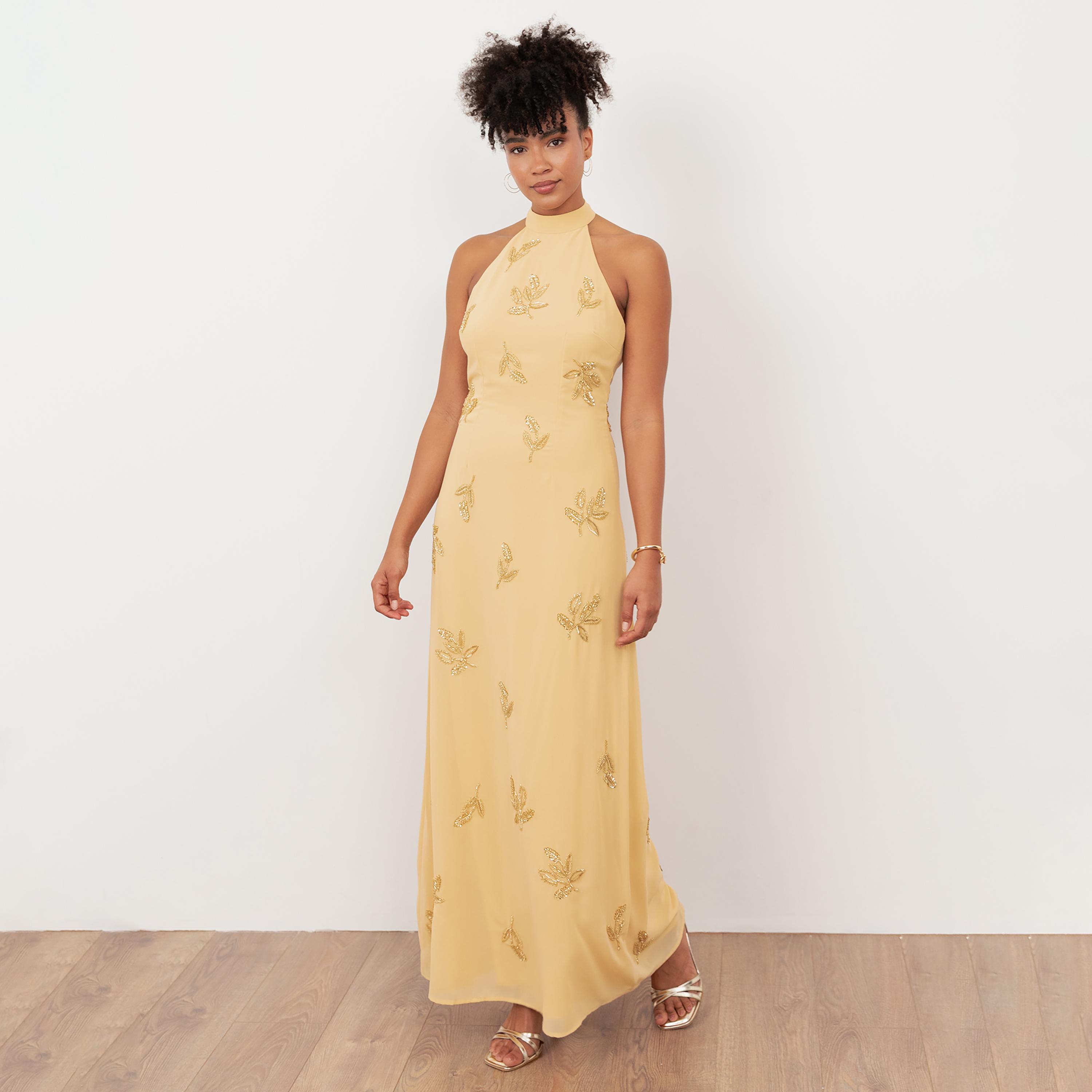 Maya Deluxe Beaded Georgette Halter Neck Women's Evening Maxi Dress-women-clothing-dresses-image-1