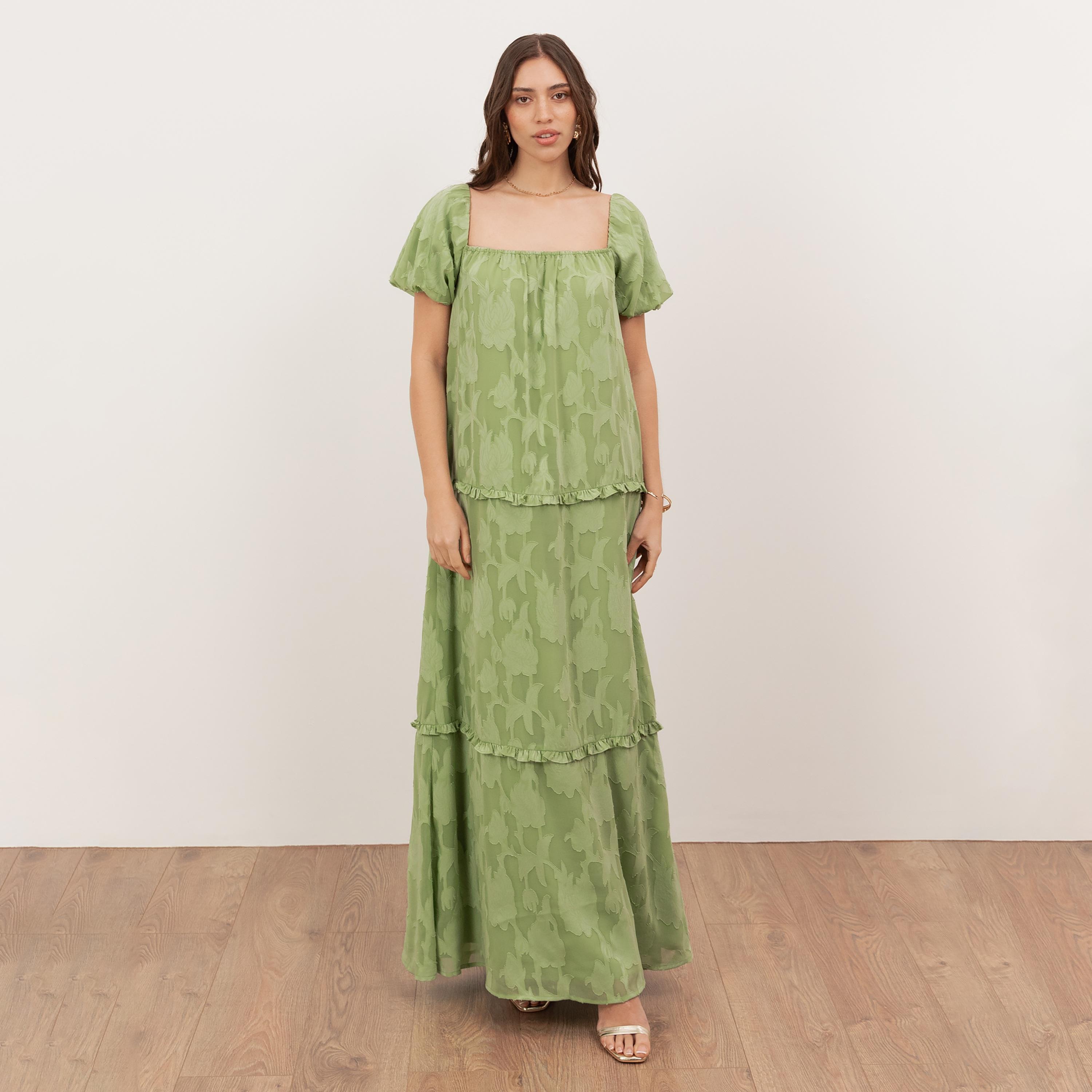 Anaya With Love Green Tea Burnout Floral Square Neck Puff Sleeves Tiered Women's Maxi Dress-women-clothing-dresses-image-1