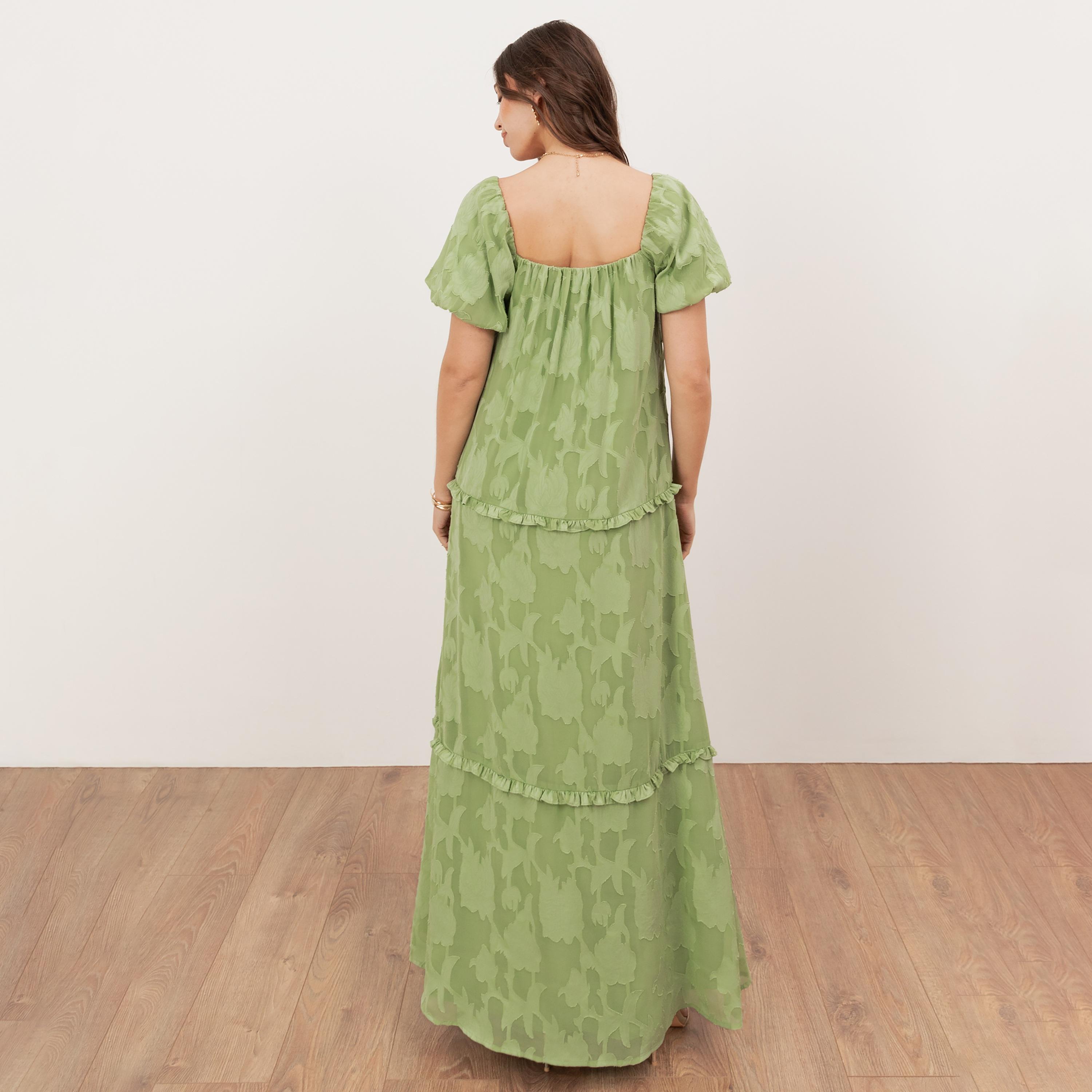 Anaya With Love Green Tea Burnout Floral Square Neck Puff Sleeves Tiered Women's Maxi Dress-women-clothing-dresses-image-2