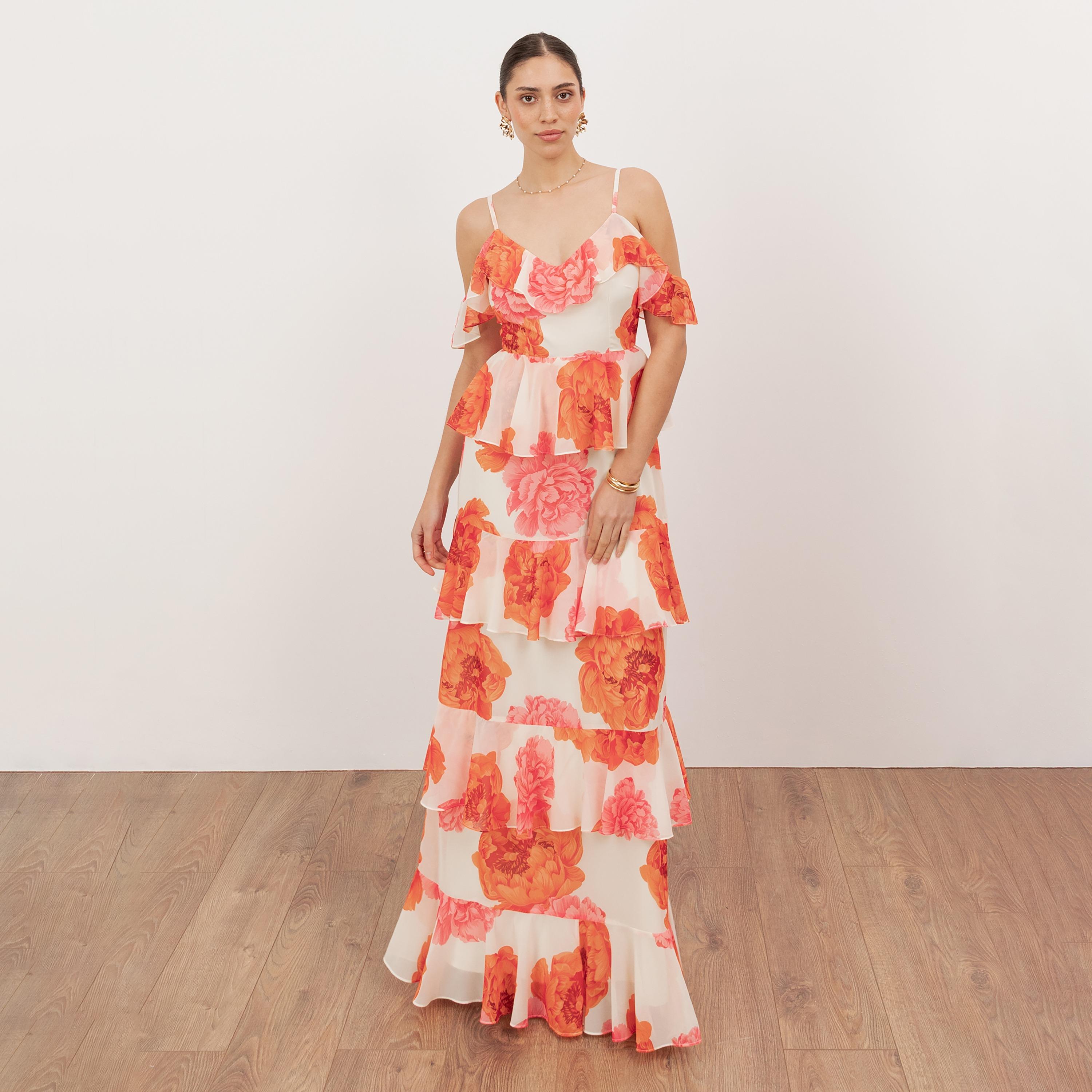Anaya With Love Coral Floral Print Georgette Shoulder Straps Layered Women's Maxi Dress-women-clothing-dresses-image-1