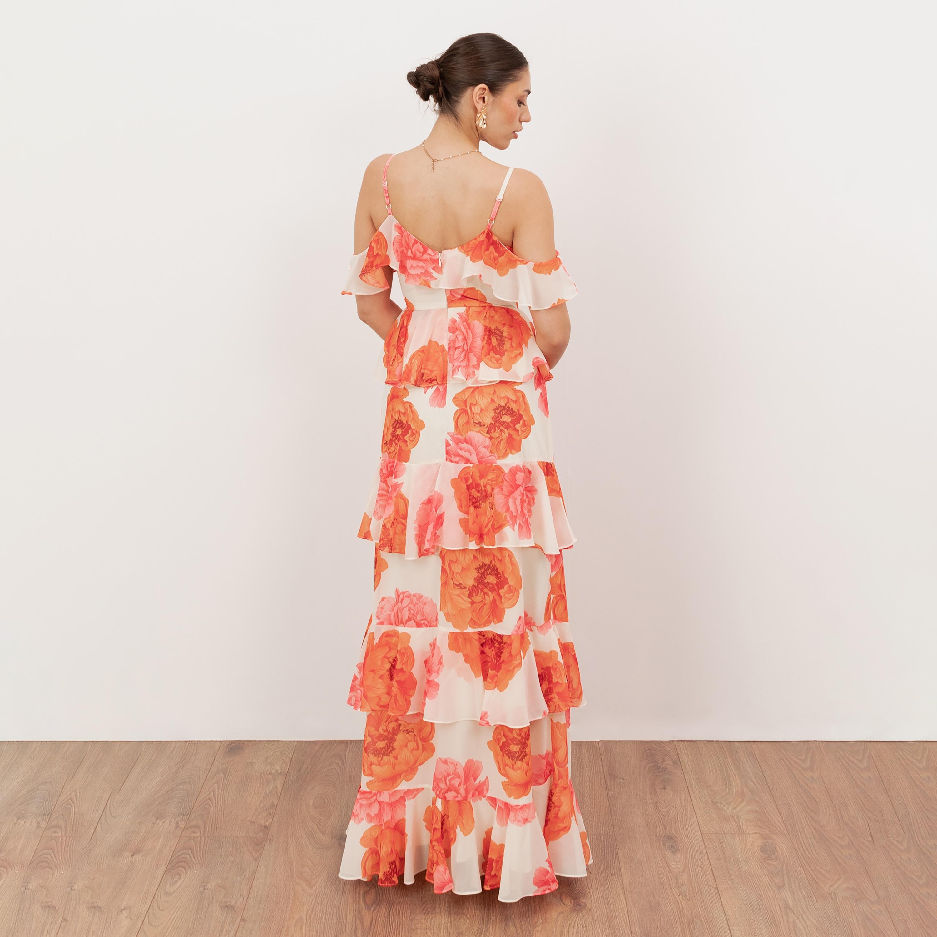 Anaya With Love Coral Floral Print Georgette Shoulder Straps Layered Women's Maxi Dress-women-clothing-dresses-image-2