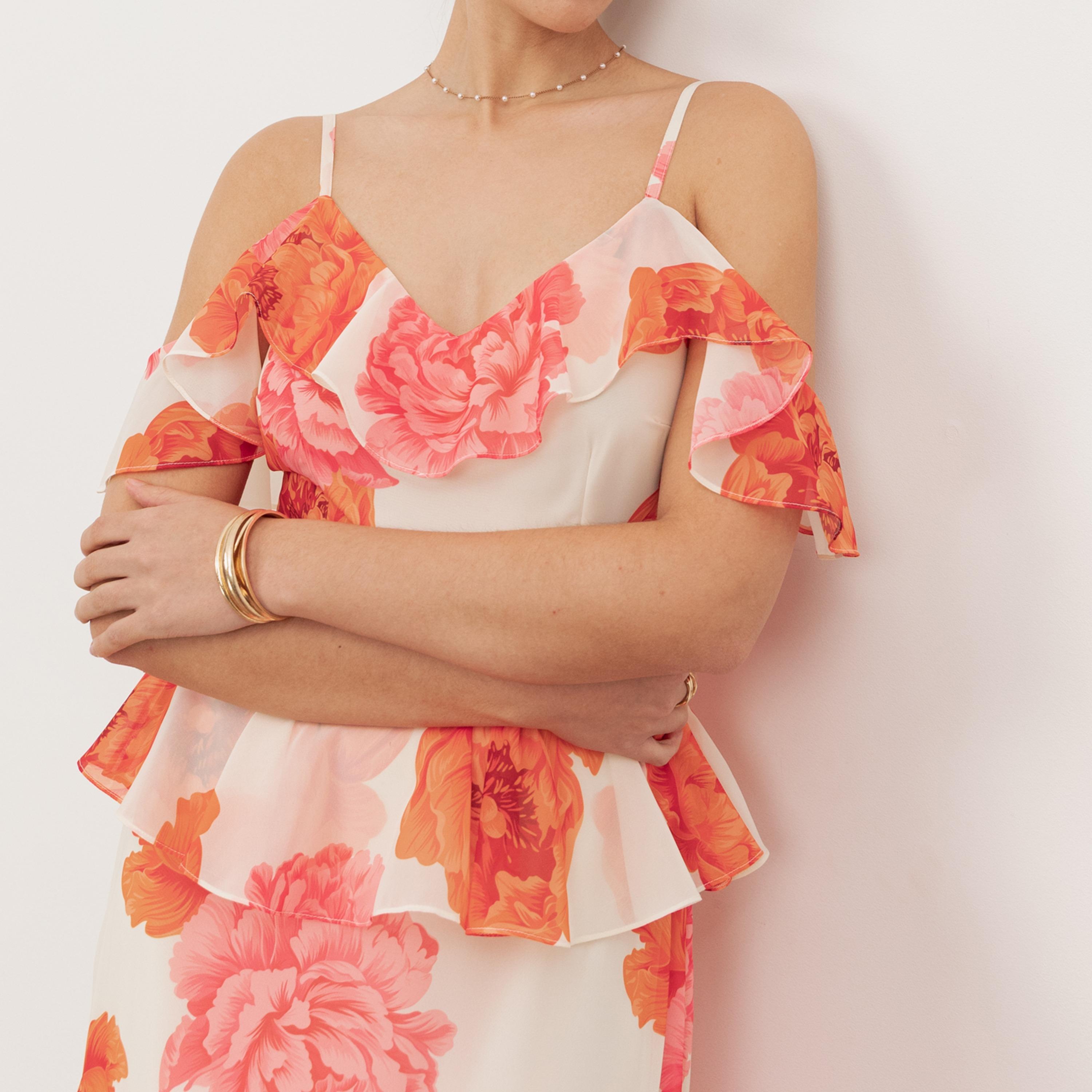 Anaya With Love Coral Floral Print Georgette Shoulder Straps Layered Women's Maxi Dress-women-clothing-dresses-image-5