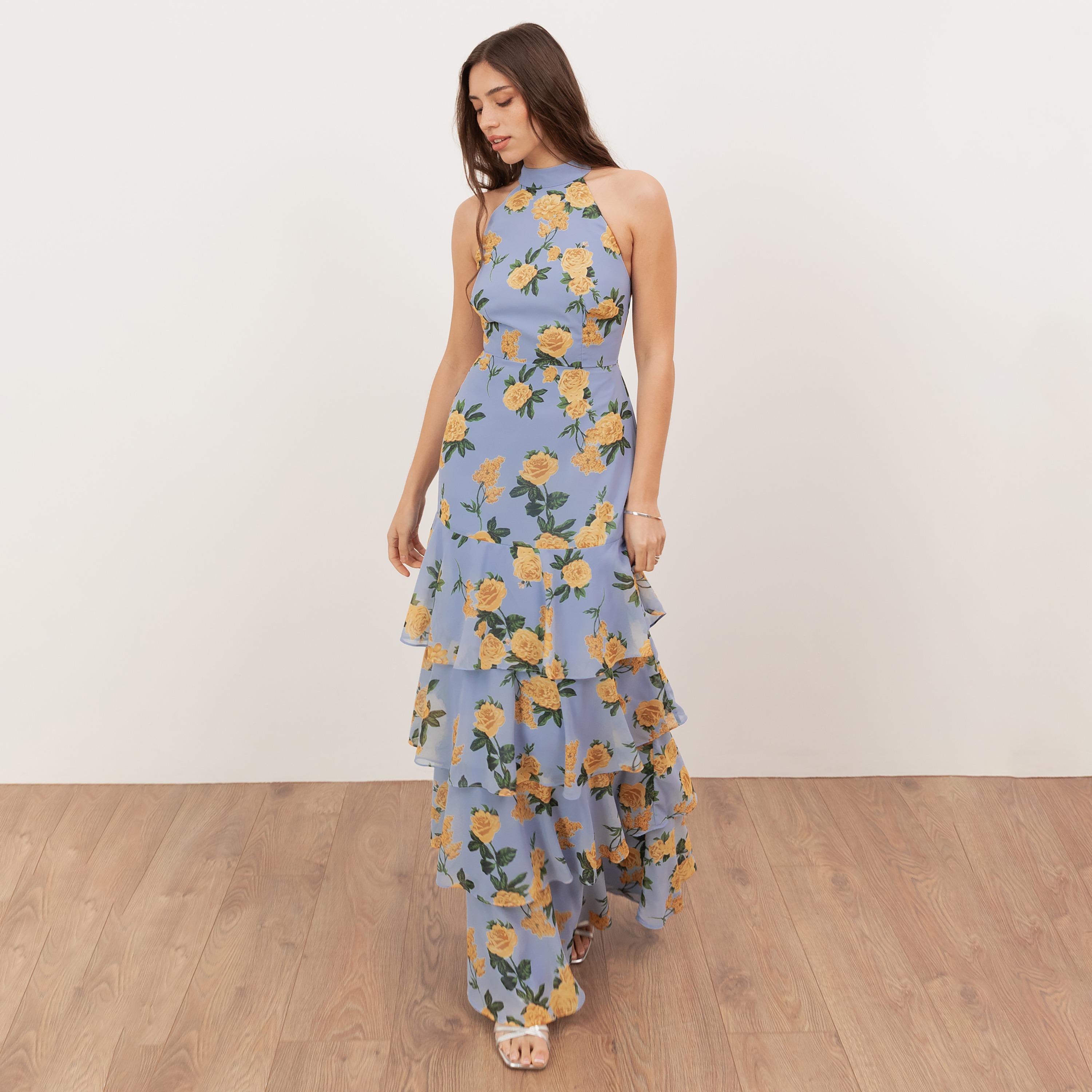 Anaya With Love Recycled Blue Floral Print Georgette Halter Neck Layered Women's Maxi Dress-women-clothing-dresses-image-1