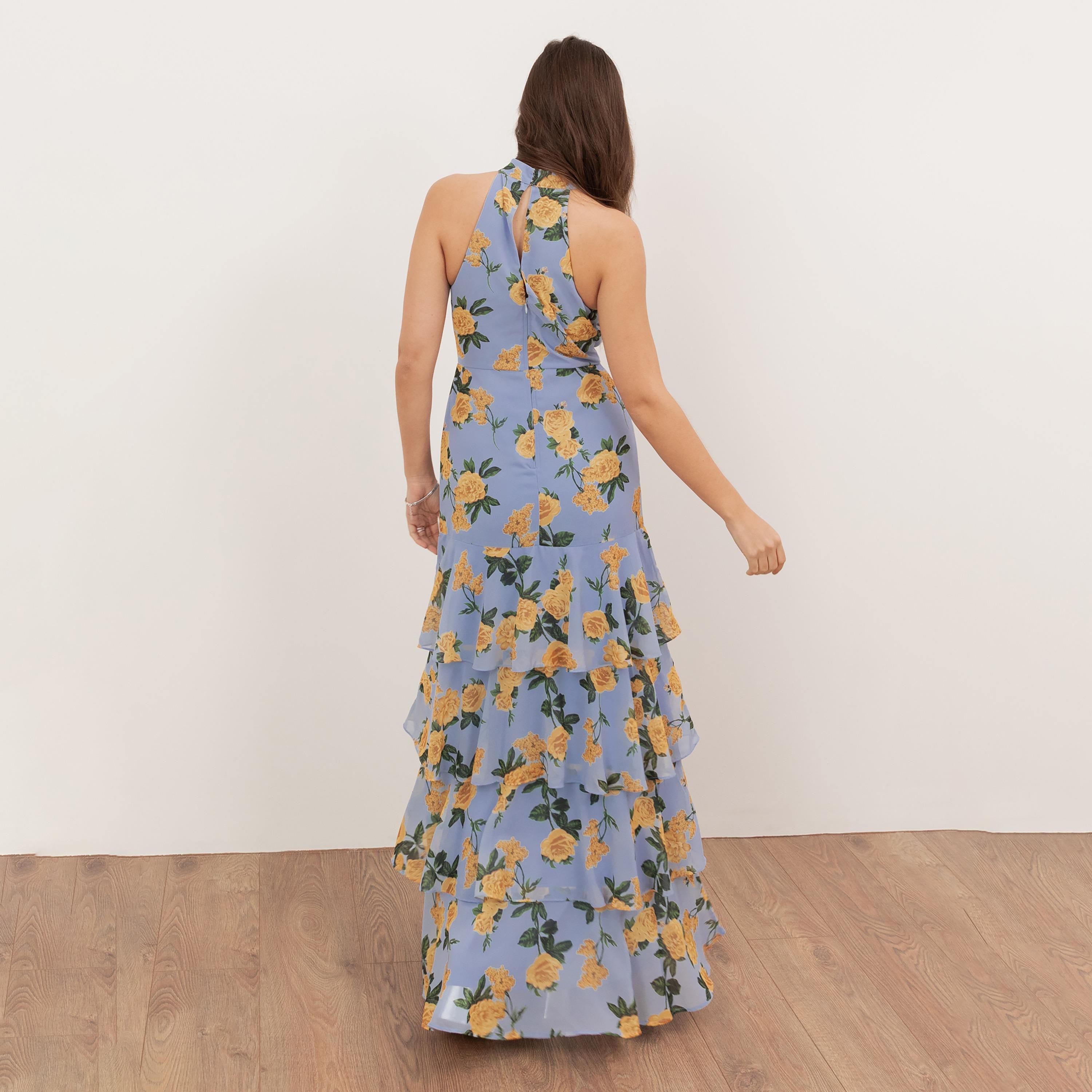 Anaya With Love Recycled Blue Floral Print Georgette Halter Neck Layered Women's Maxi Dress-women-clothing-dresses-image-2