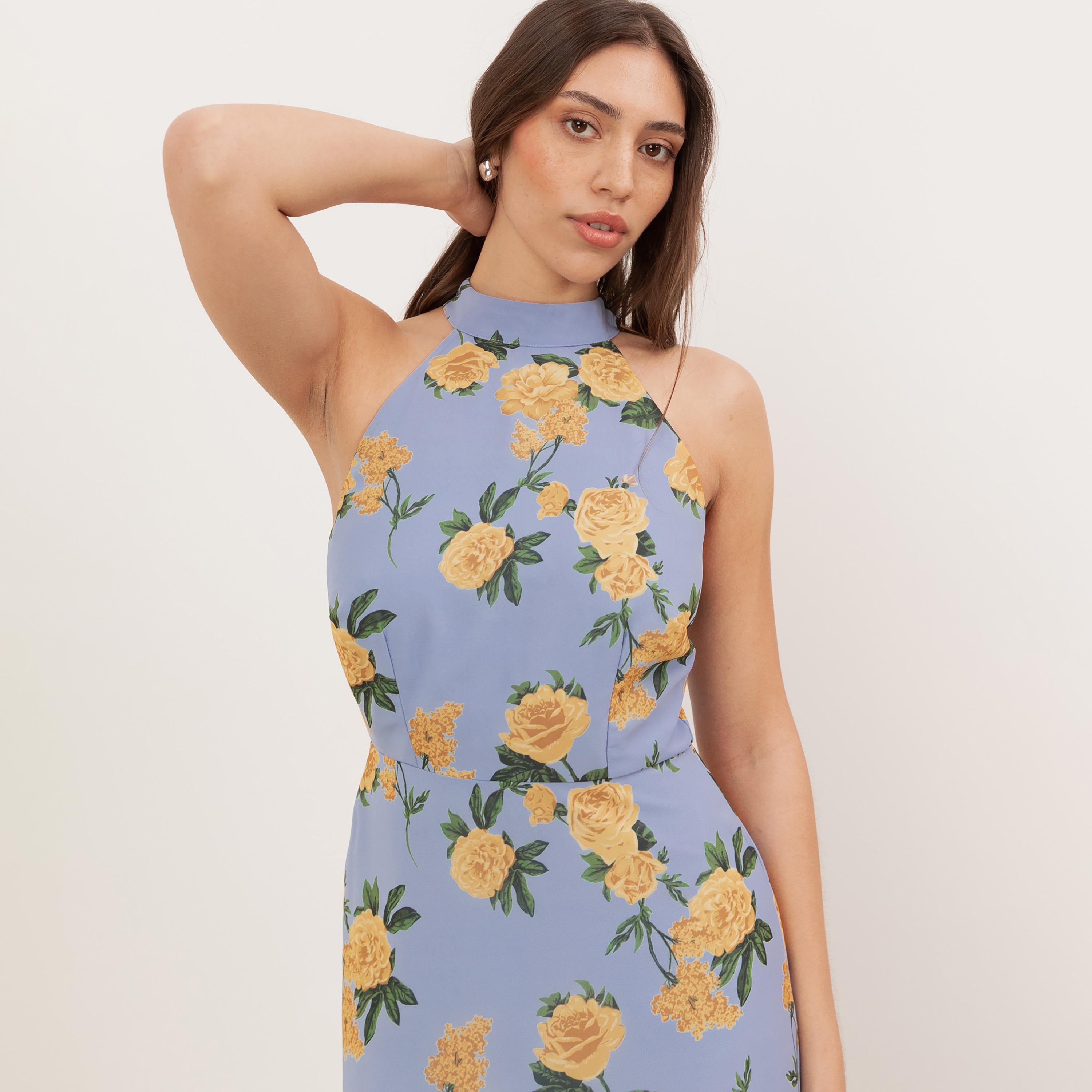 Anaya With Love Recycled Blue Floral Print Georgette Halter Neck Layered Women's Maxi Dress-women-clothing-dresses-image-6