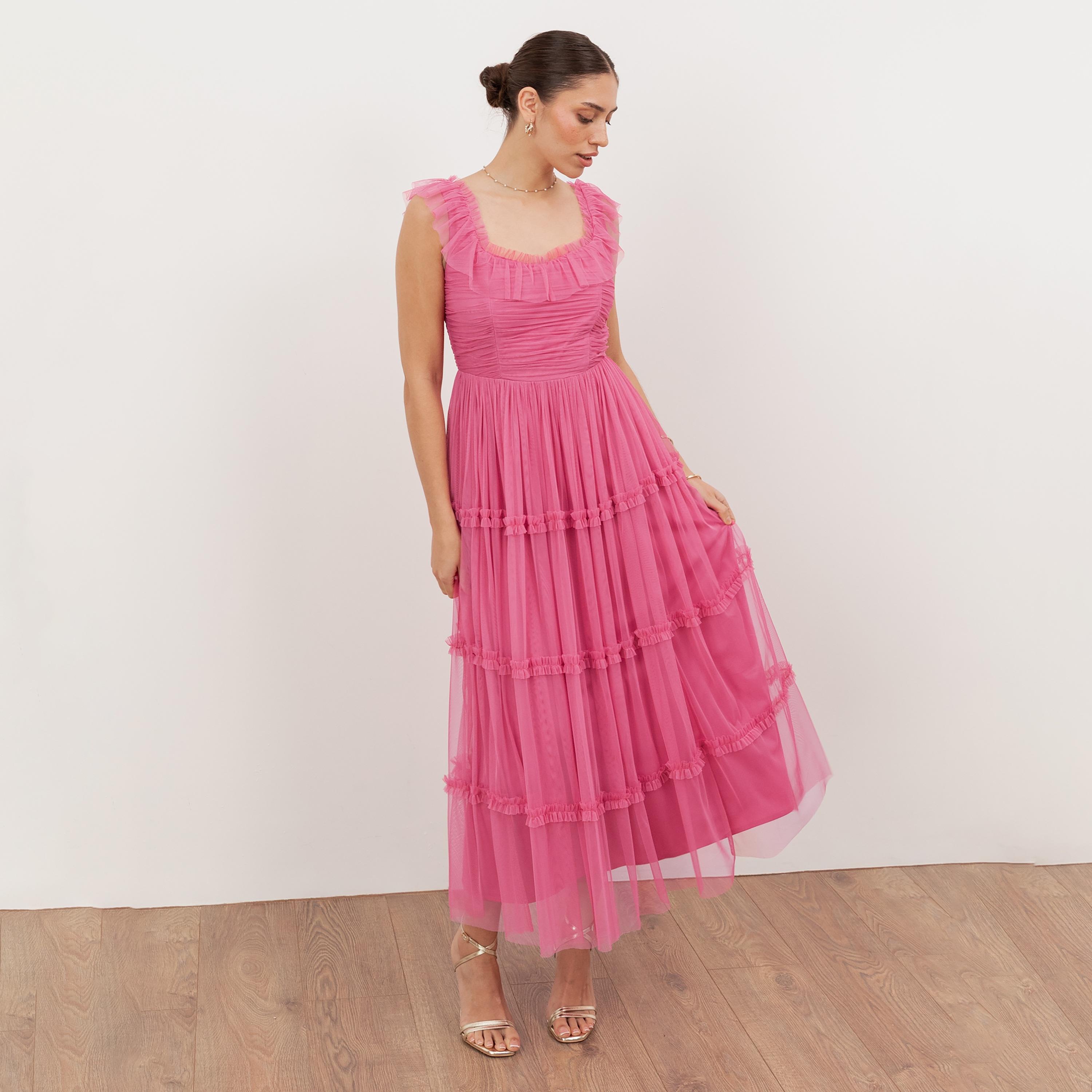 Anaya With Love Recycled Honeysuckle Pink Tulle Square Neck Tiered Women's Maxi Dress-women-clothing-dresses-image-1