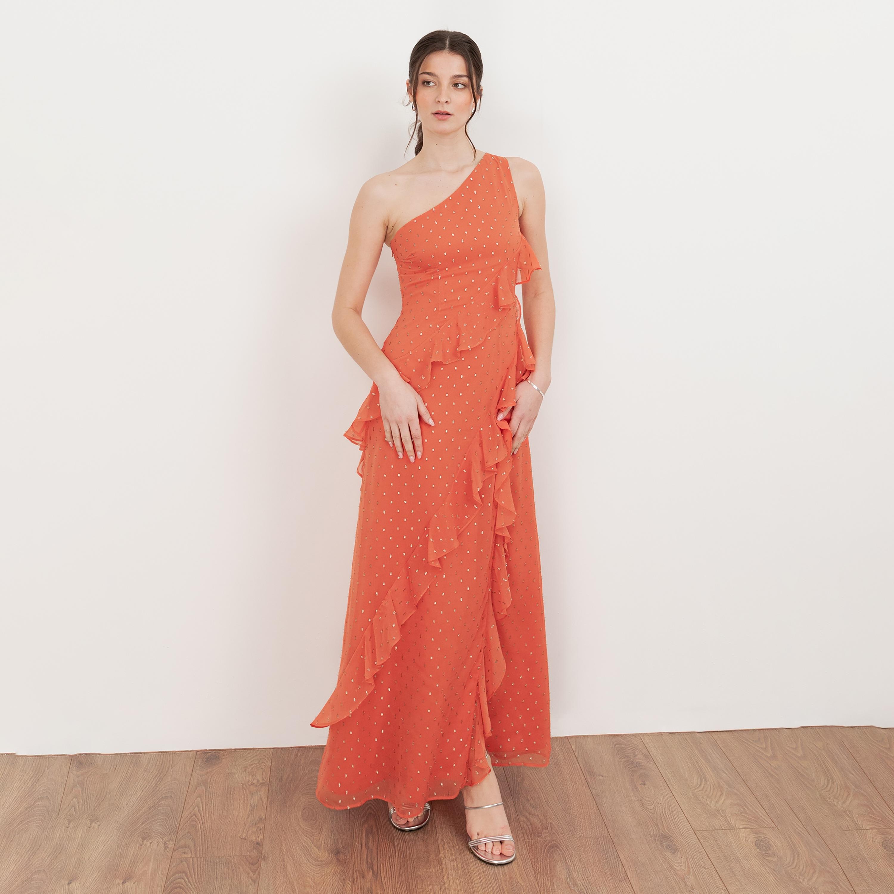 Anaya With Love Recycled Coral Dobby Chiffon One Shoulder Ruffled Women's Maxi Dress-women-clothing-dresses-image-1