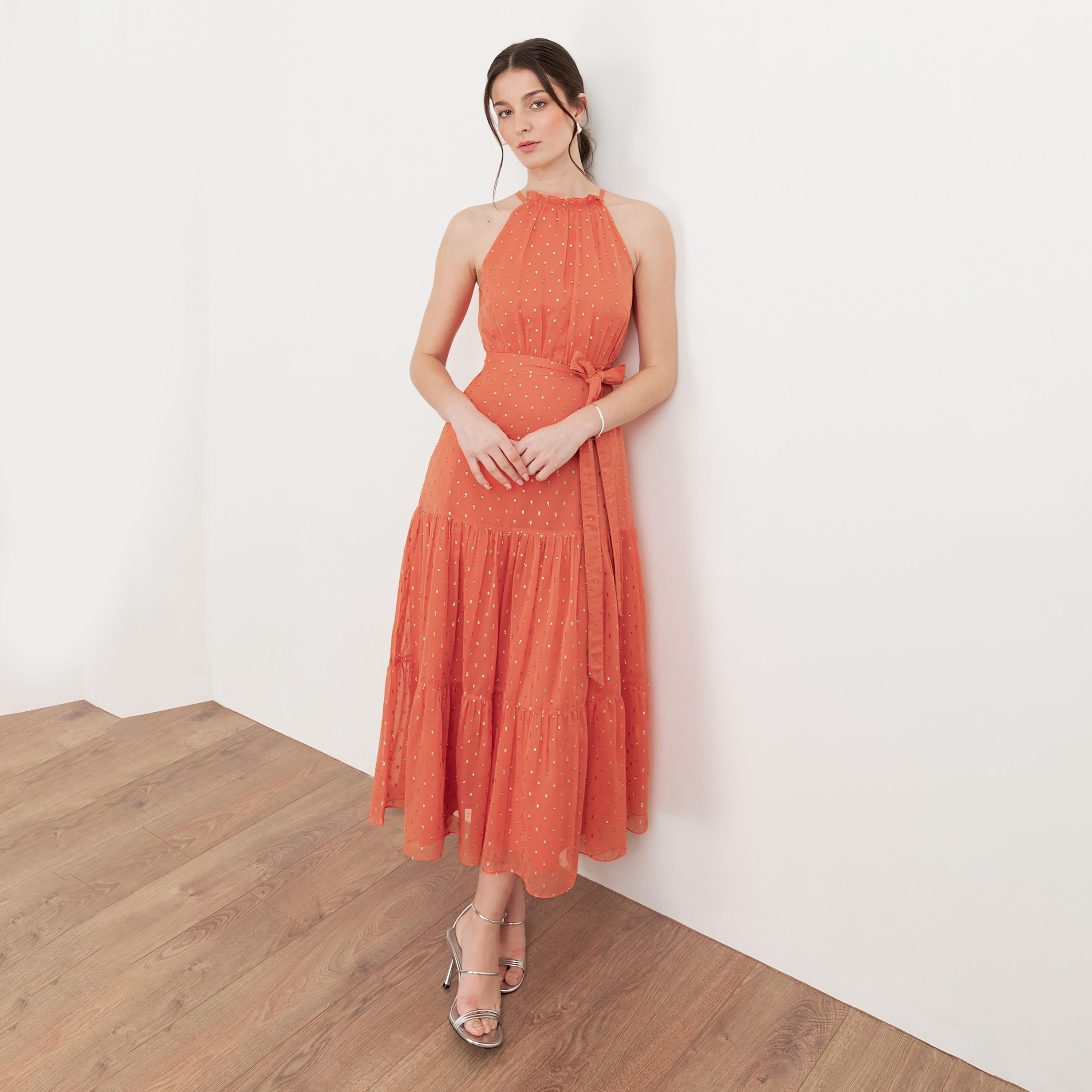Anaya With Love Recycled Coral Dobby Chiffon Halter Neck Tiered Women's Midi Dress-women-clothing-dresses-image-1