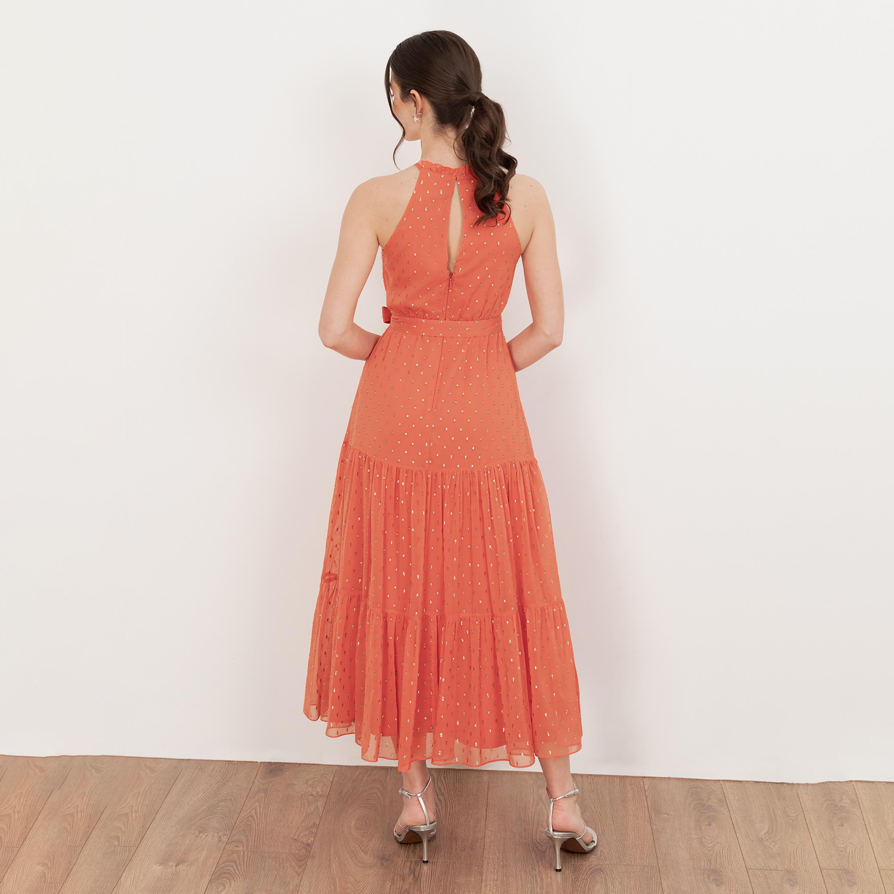 Anaya With Love Recycled Coral Dobby Chiffon Halter Neck Tiered Women's Midi Dress-women-clothing-dresses-image-2