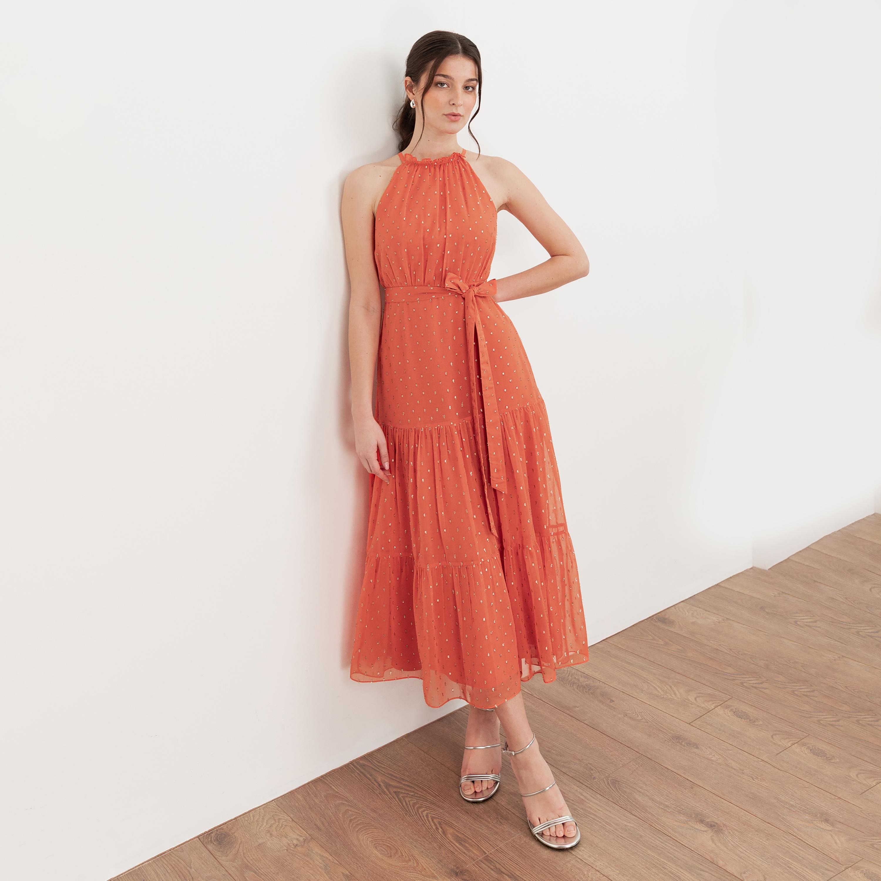 Anaya With Love Recycled Coral Dobby Chiffon Halter Neck Tiered Women's Midi Dress-women-clothing-dresses-image-3