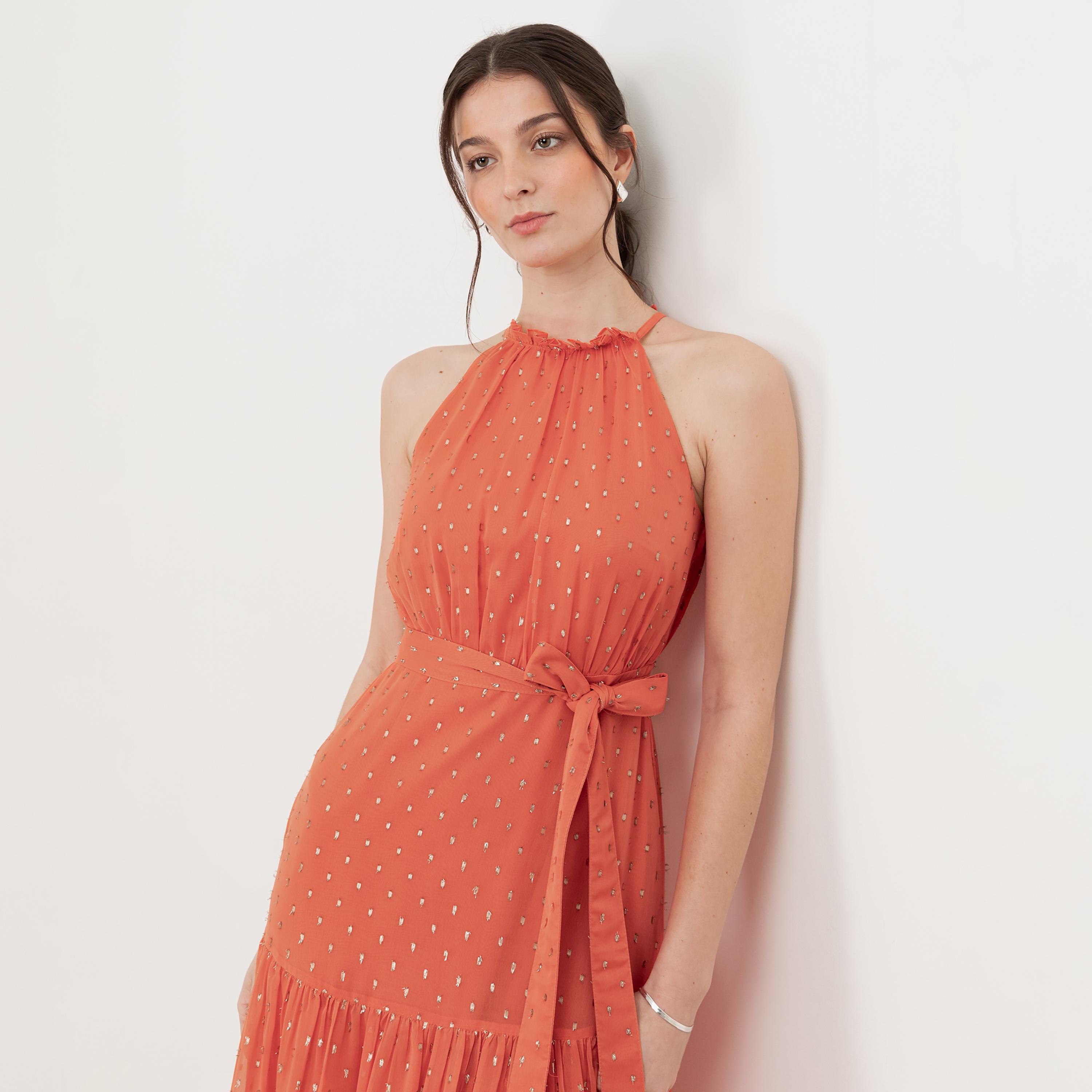 Anaya With Love Recycled Coral Dobby Chiffon Halter Neck Tiered Women's Midi Dress-women-clothing-dresses-image-4