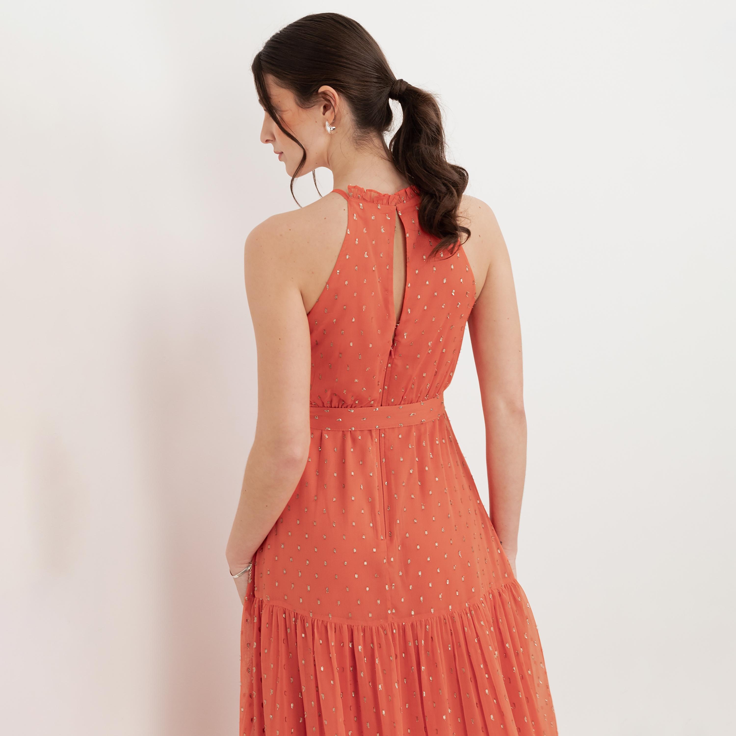Anaya With Love Recycled Coral Dobby Chiffon Halter Neck Tiered Women's Midi Dress-women-clothing-dresses-image-5