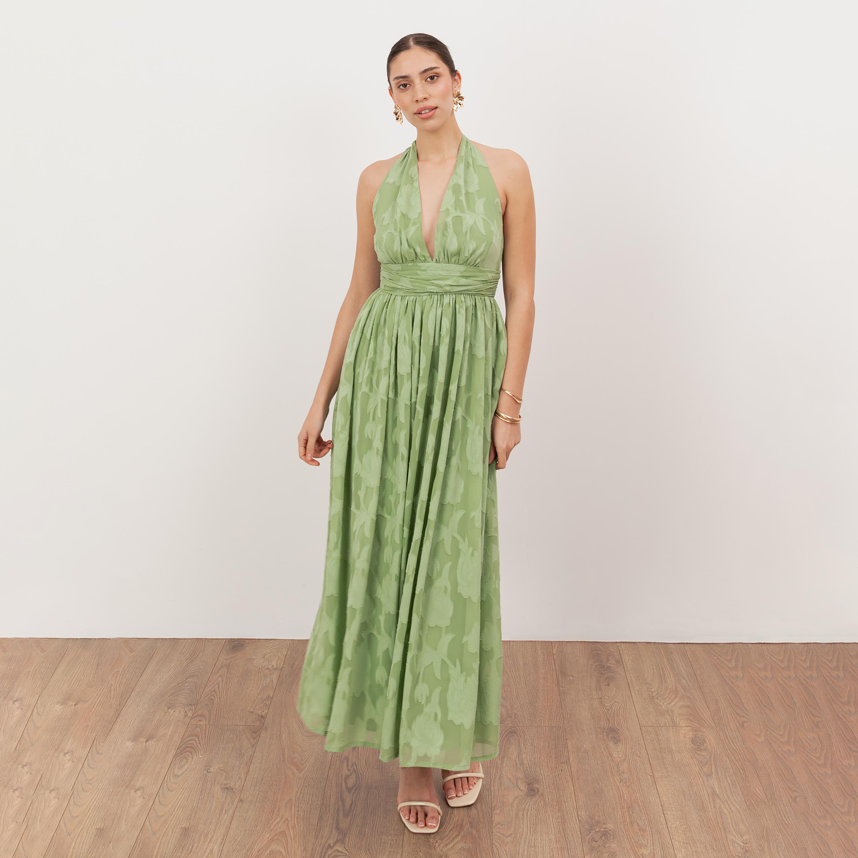 Anaya With Love Green Tea Burnout Floral Georgette Halter Neck Fit & Flared Women's Maxi Dress-women-clothing-dresses-image-1