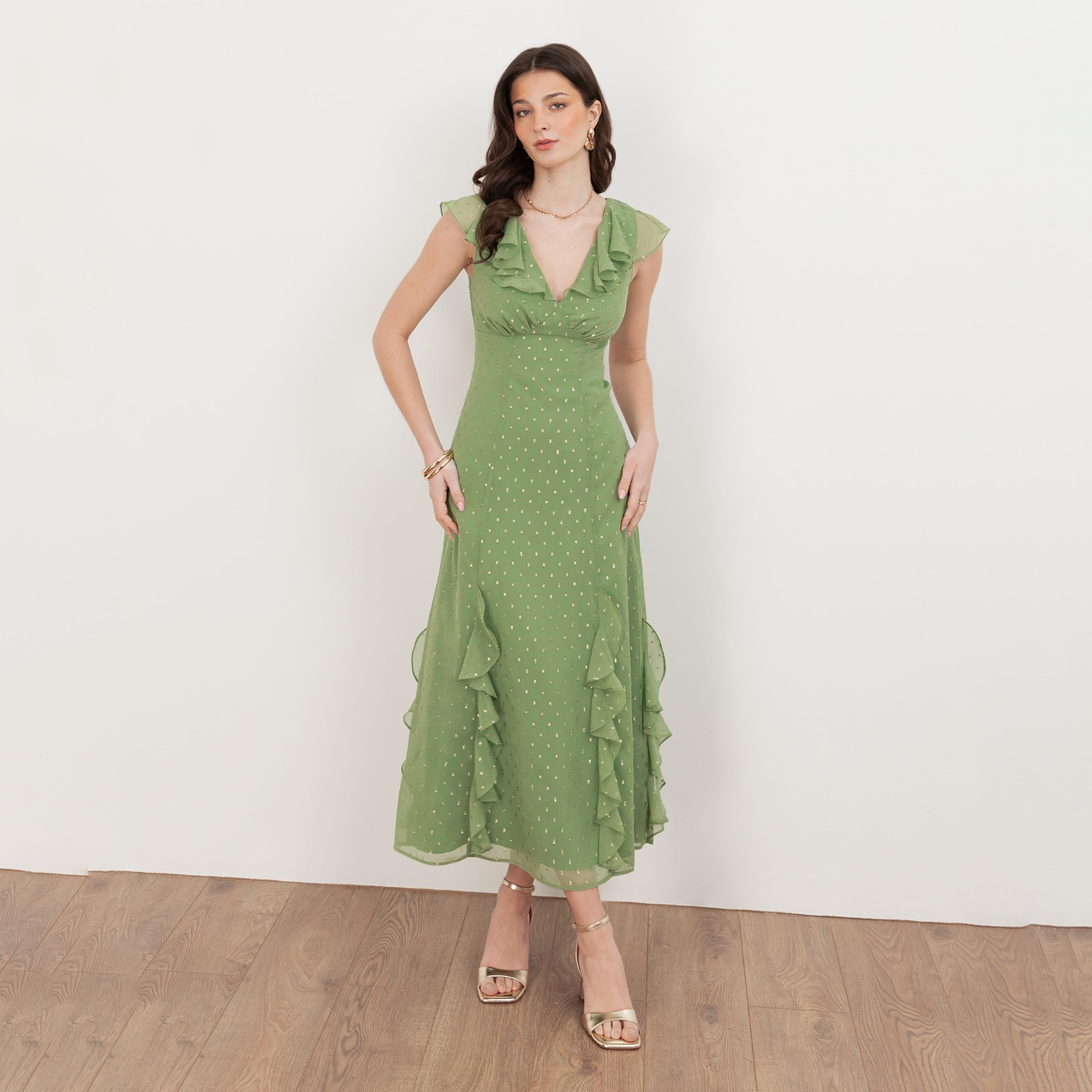 Anaya With Love Recycled Green Tea Dobby Chiffon Cap Sleeves Ruffled Women's Midaxi Dress-women-clothing-dresses-image-1