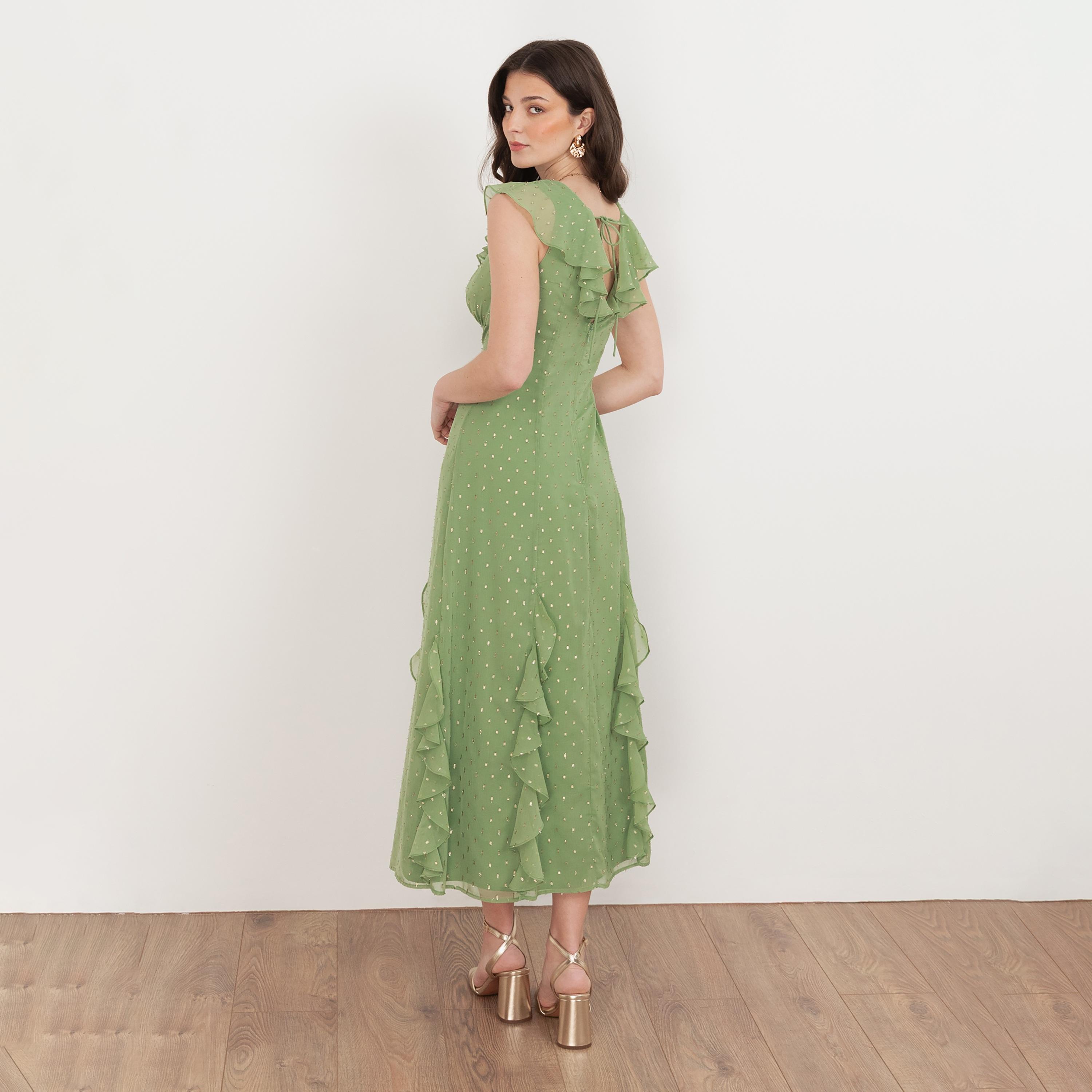 Anaya With Love Recycled Green Tea Dobby Chiffon Cap Sleeves Ruffled Women's Midaxi Dress-women-clothing-dresses-image-2