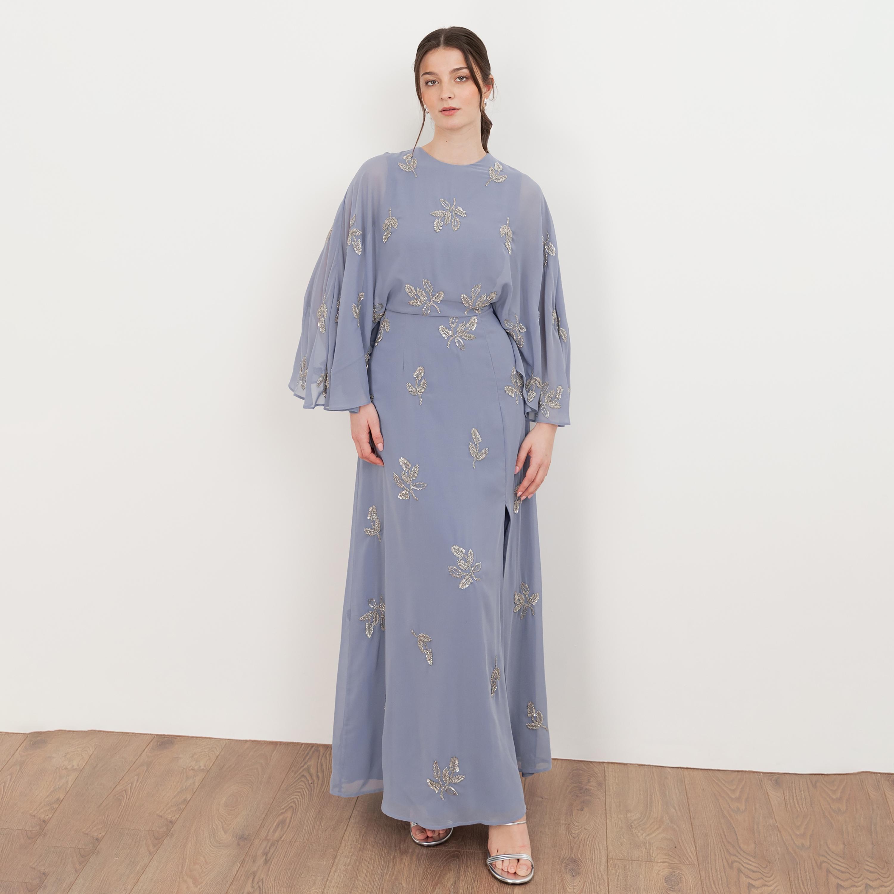 Maya Deluxe Beaded Georgette Flared Sleeves Column Women's Evening Maxi Dress-women-clothing-dresses-image-1