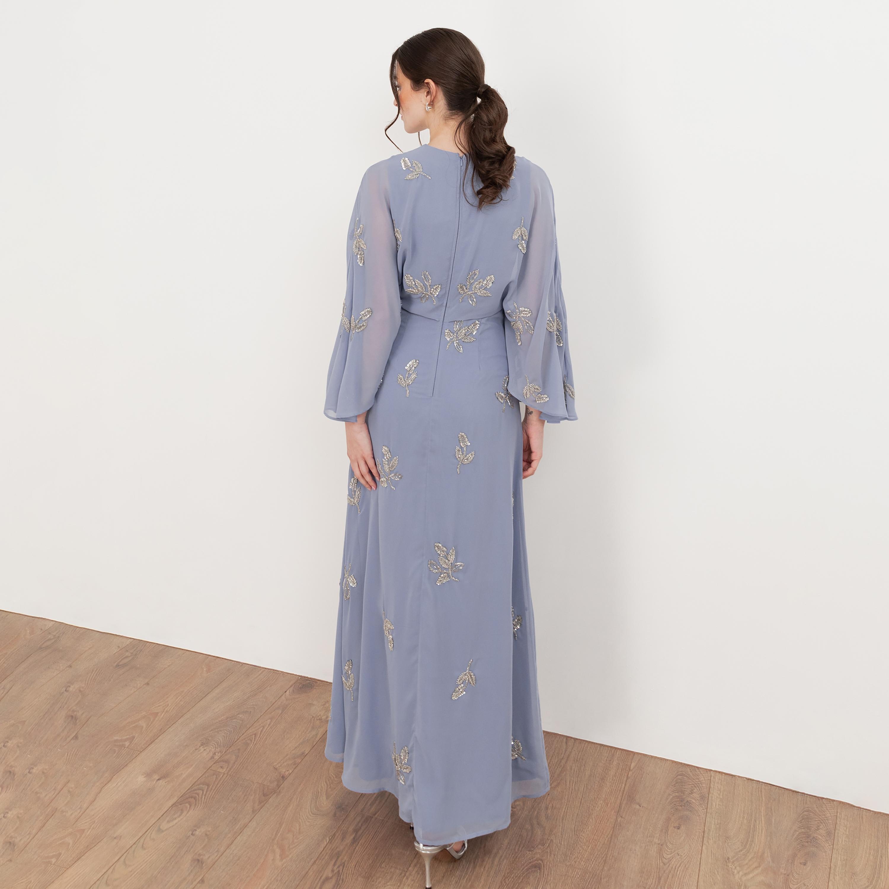 Maya Deluxe Beaded Georgette Flared Sleeves Column Women's Evening Maxi Dress-women-clothing-dresses-image-2