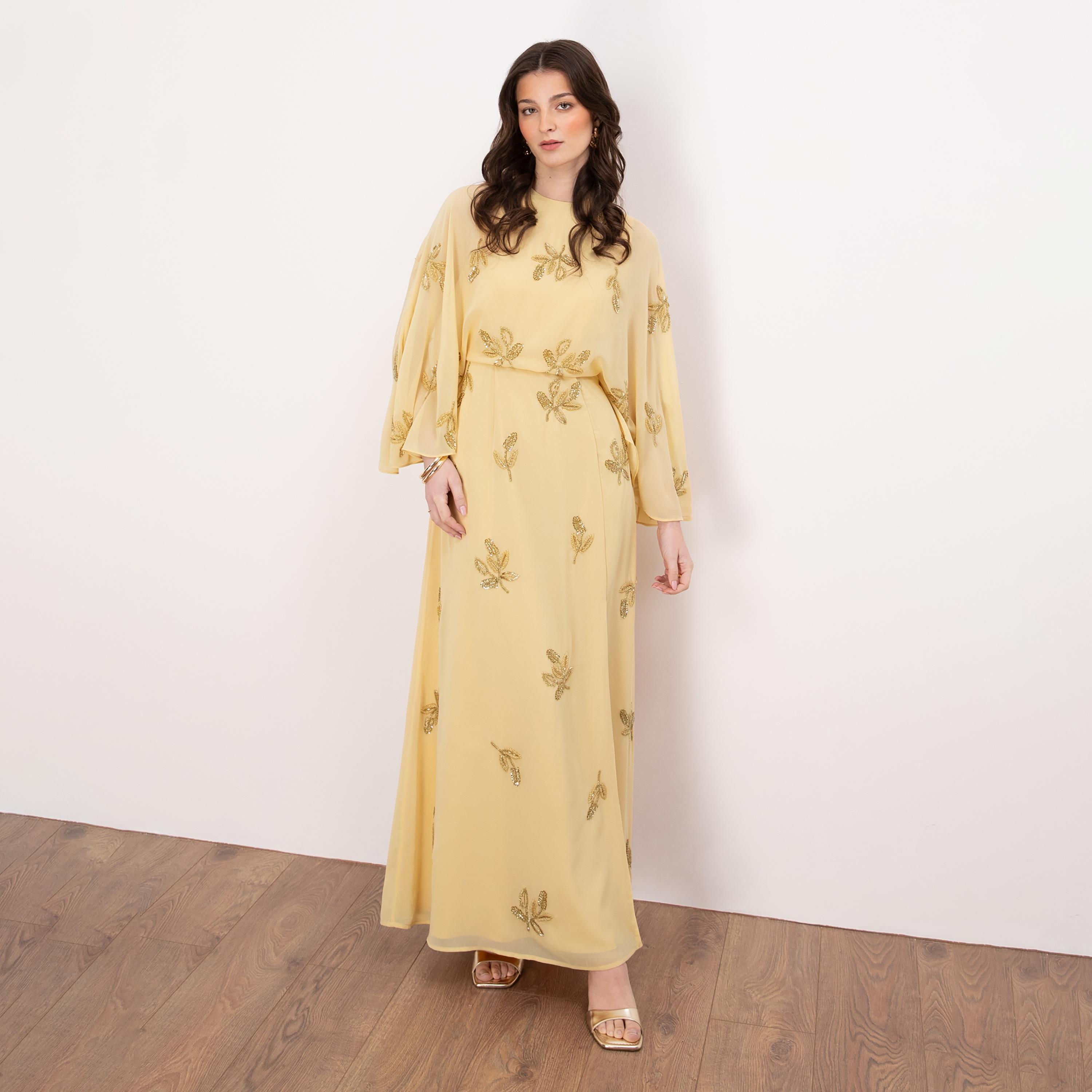 Maya Deluxe Beaded Georgette Flared Sleeves Column Women's Evening Maxi Dress-women-clothing-dresses-image-1