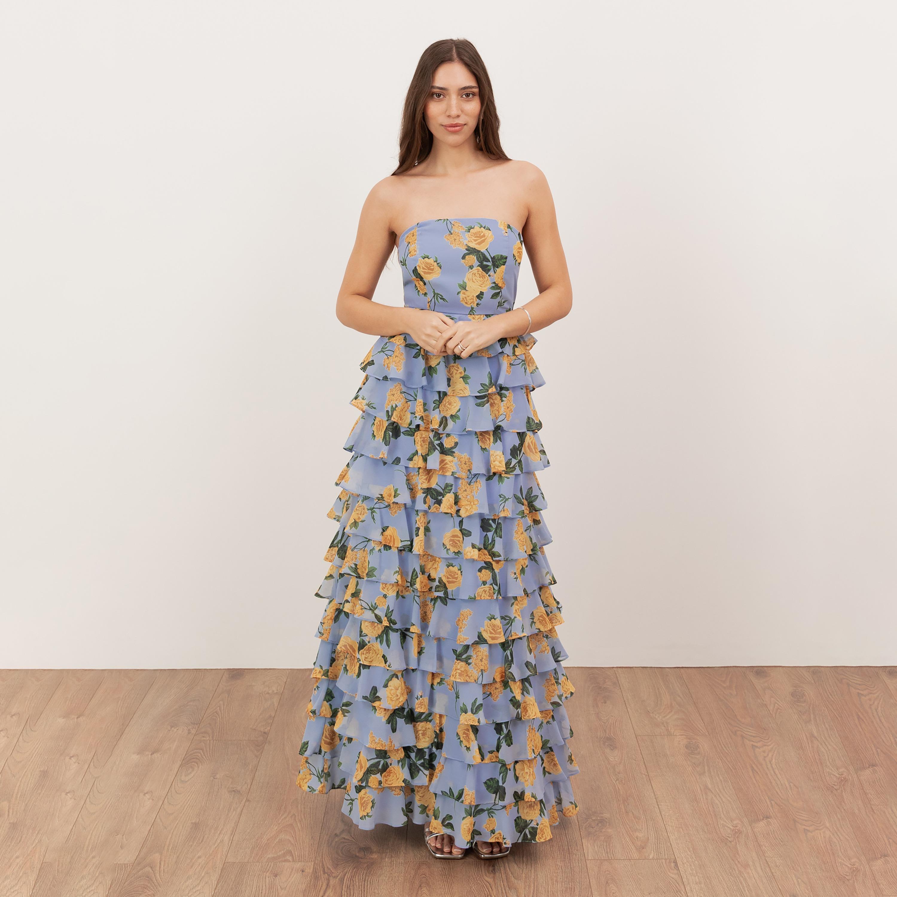 Anaya With Love Recycled Blue Floral Print Georgette Strapless Layered Women's Maxi Dress-women-clothing-dresses-image-1