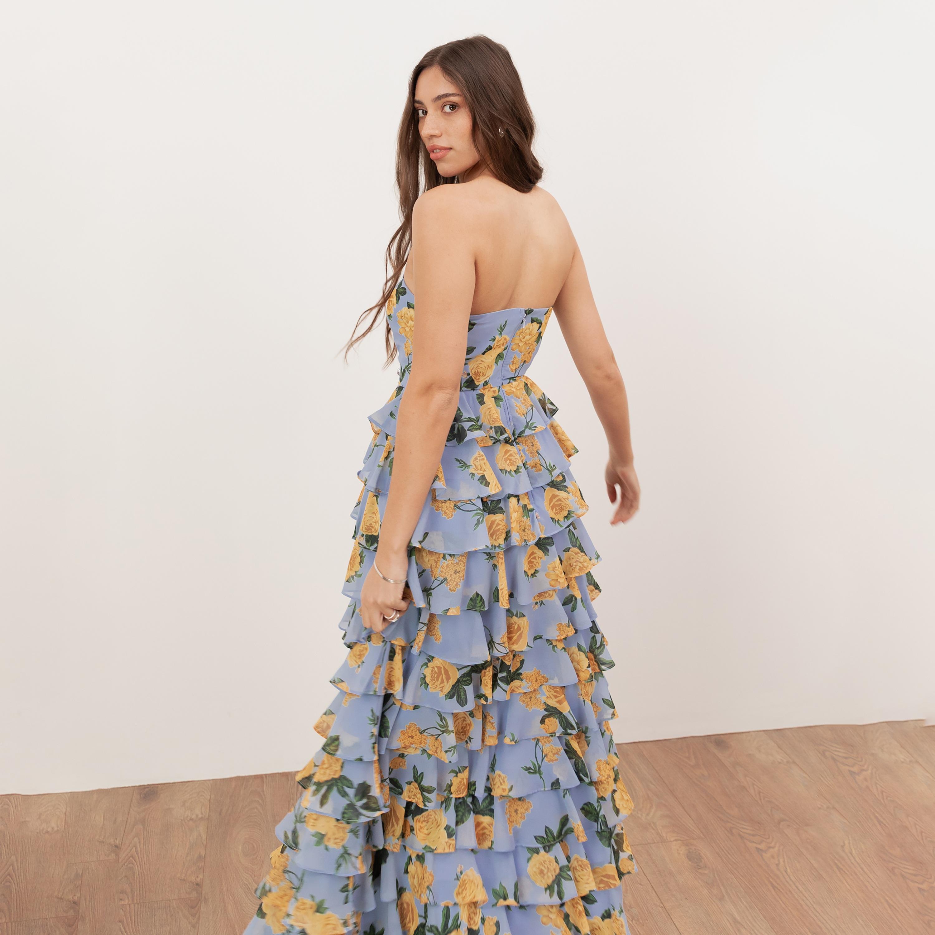 Anaya With Love Recycled Blue Floral Print Georgette Strapless Layered Women's Maxi Dress-women-clothing-dresses-image-3
