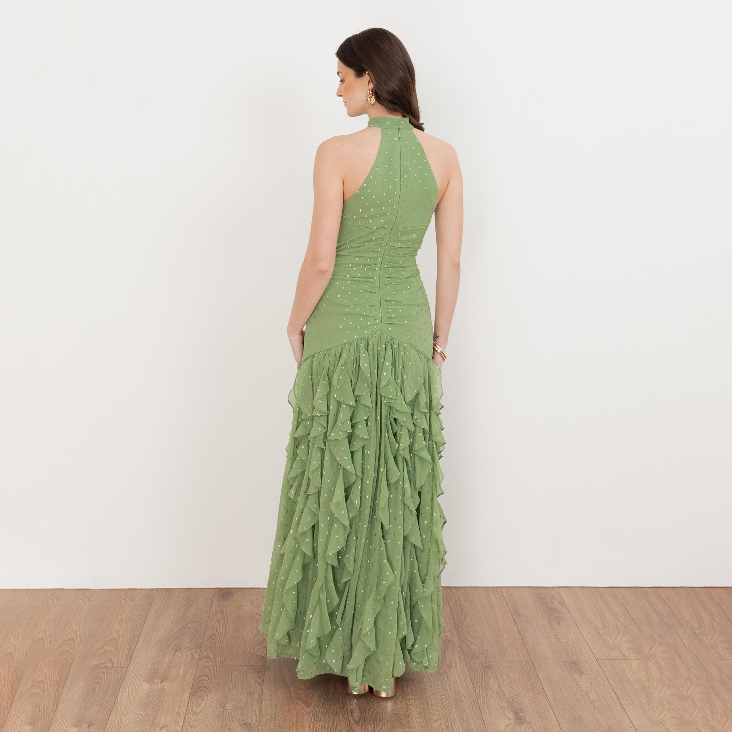 Anaya With Love Recycled Green Tea Dobby Chiffon Halter Neck Ruffled Women's Maxi Dress-women-clothing-dresses-image-2