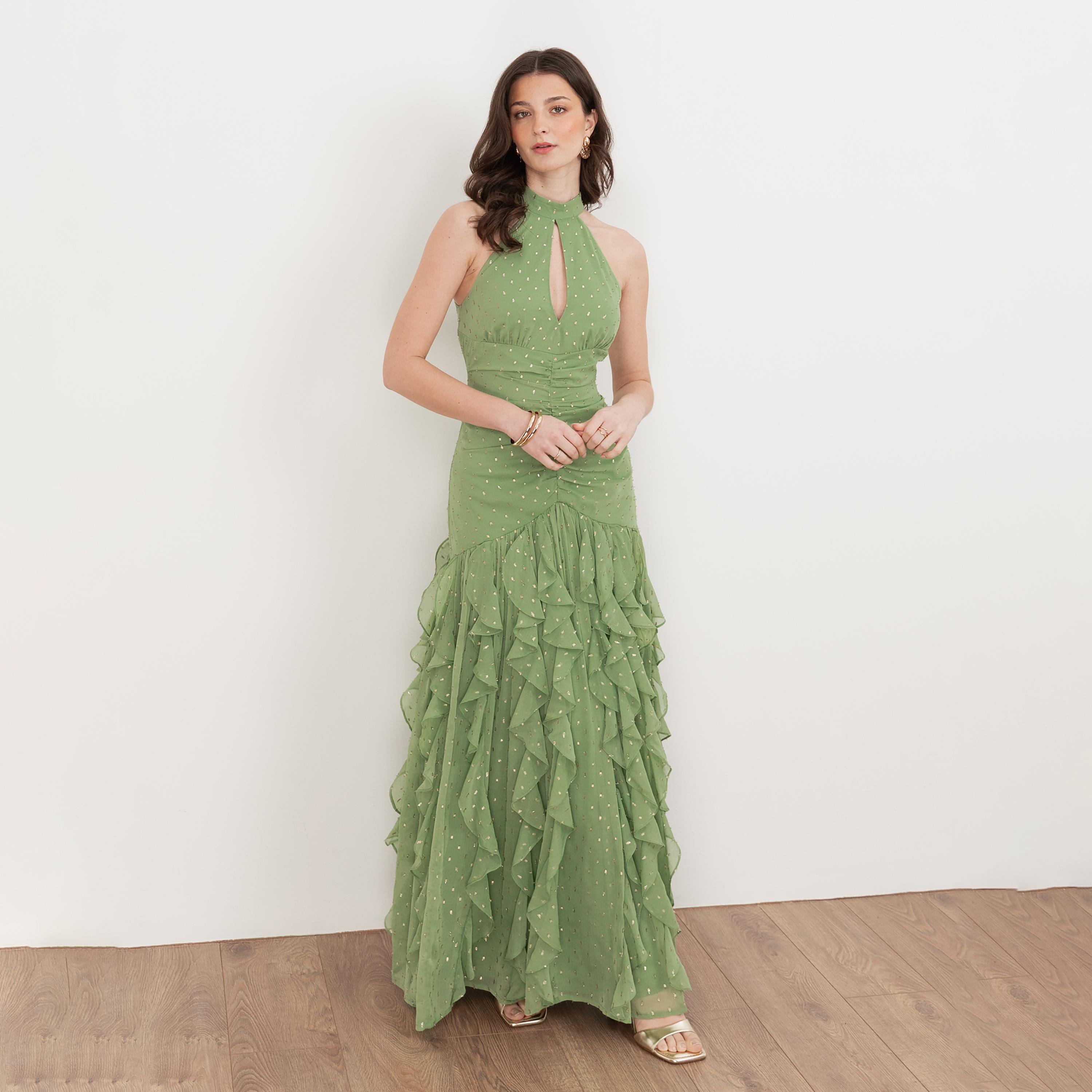 Anaya With Love Recycled Green Tea Dobby Chiffon Halter Neck Ruffled Women's Maxi Dress-women-clothing-dresses-image-3