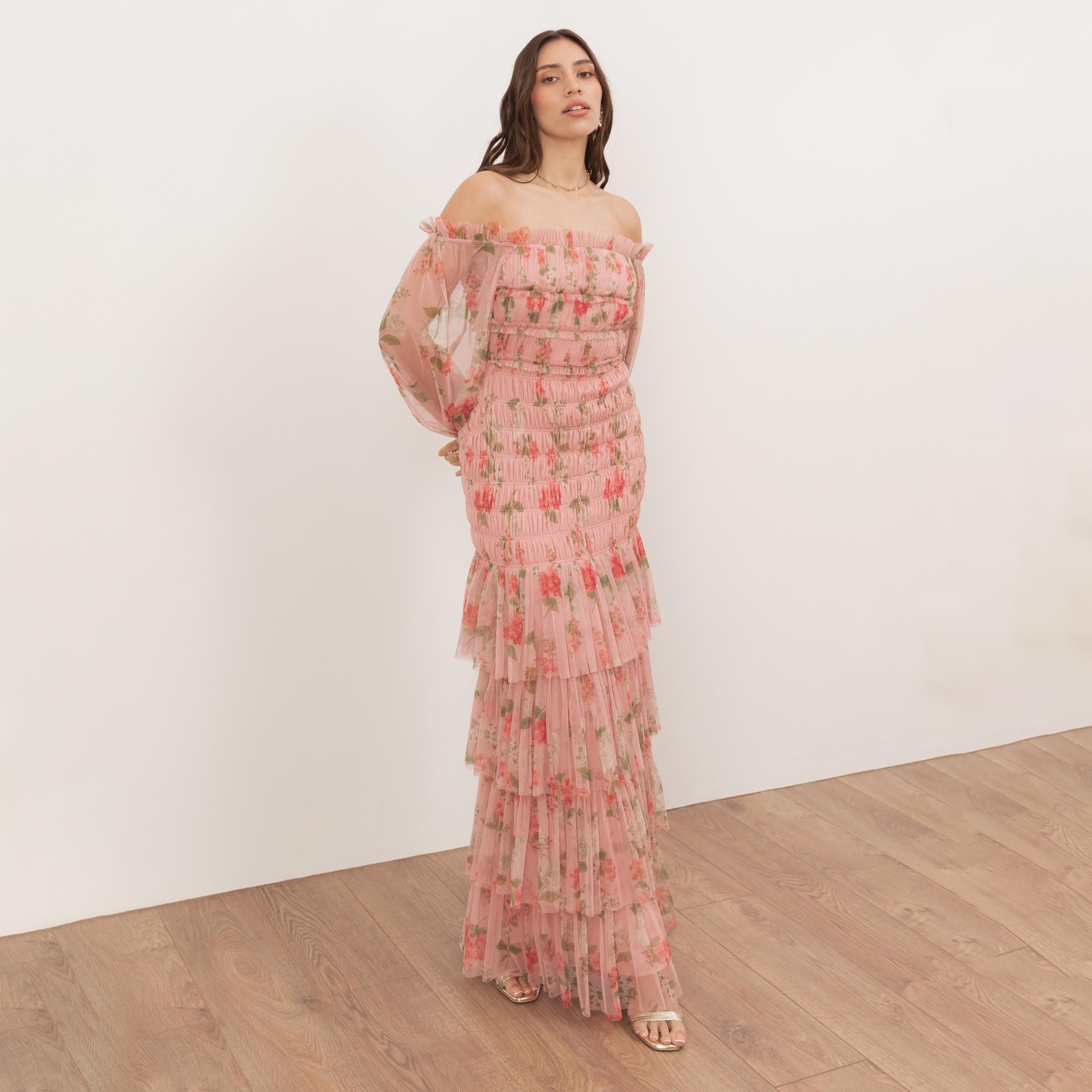 Anaya With Love Pink Floral Print Tulle Off-Shoulder Balloon Sleeves Tiered Women's Maxi Dress-women-clothing-dresses-image-1