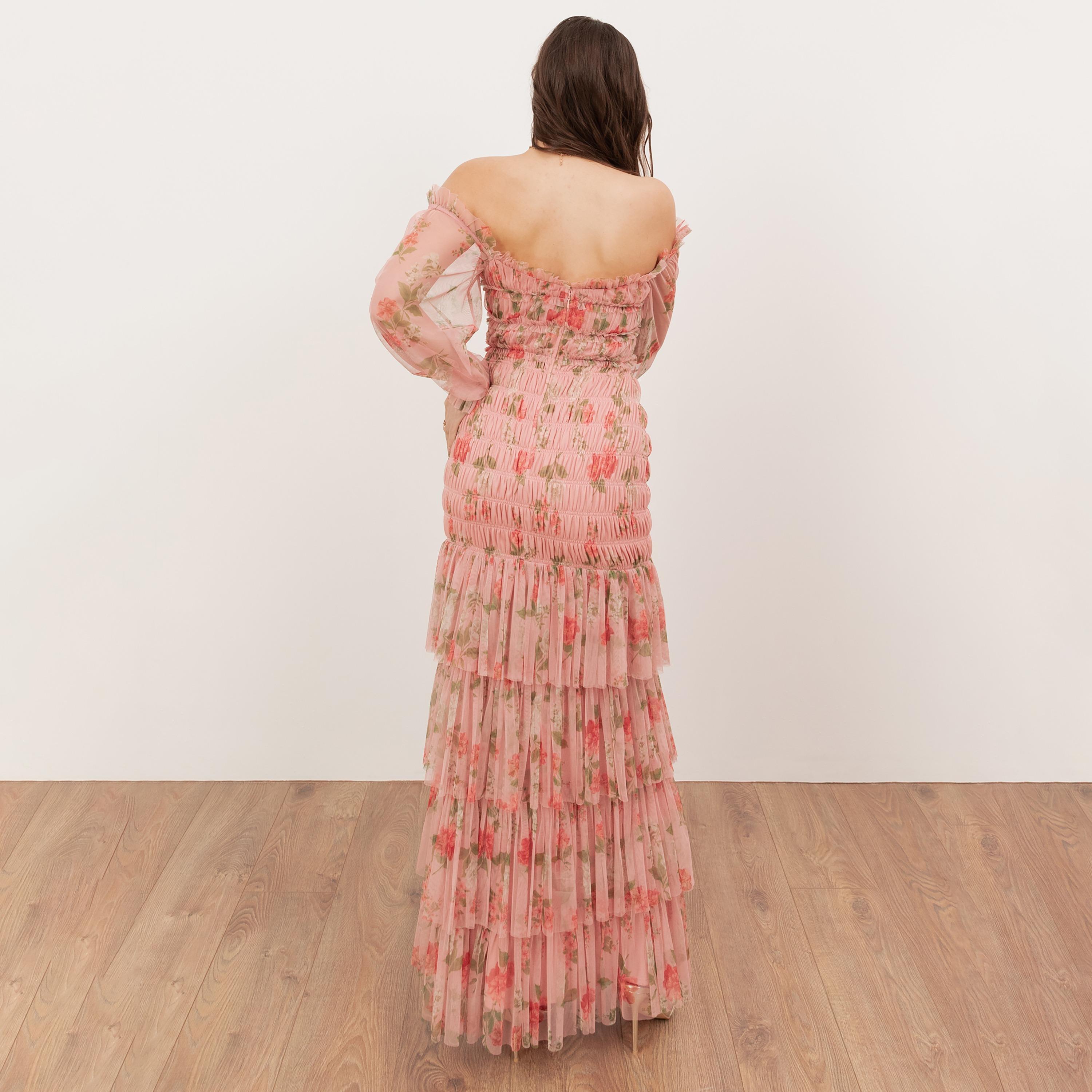 Anaya With Love Pink Floral Print Tulle Off-Shoulder Balloon Sleeves Tiered Women's Maxi Dress-women-clothing-dresses-image-2