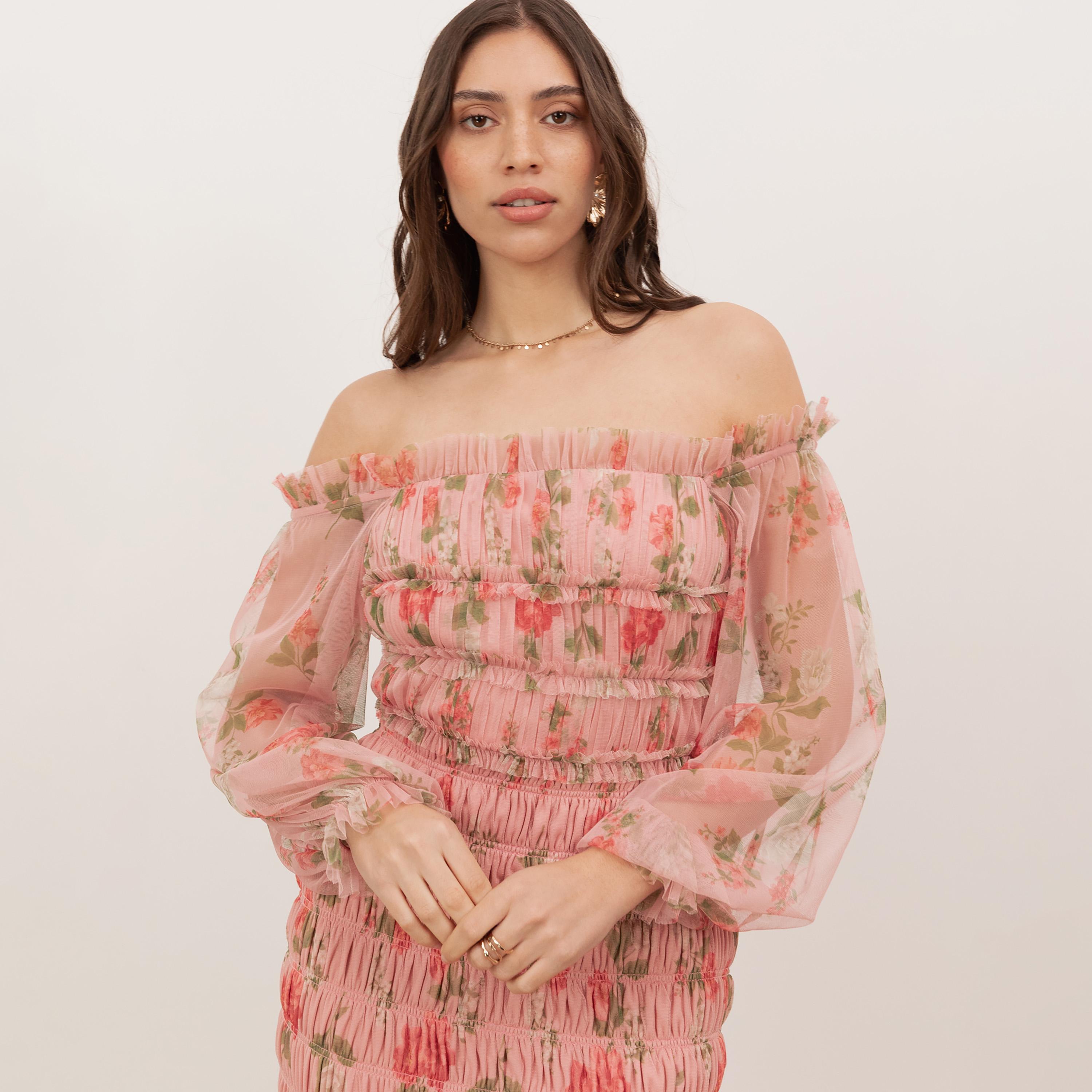 Anaya With Love Pink Floral Print Tulle Off-Shoulder Balloon Sleeves Tiered Women's Maxi Dress-women-clothing-dresses-image-3