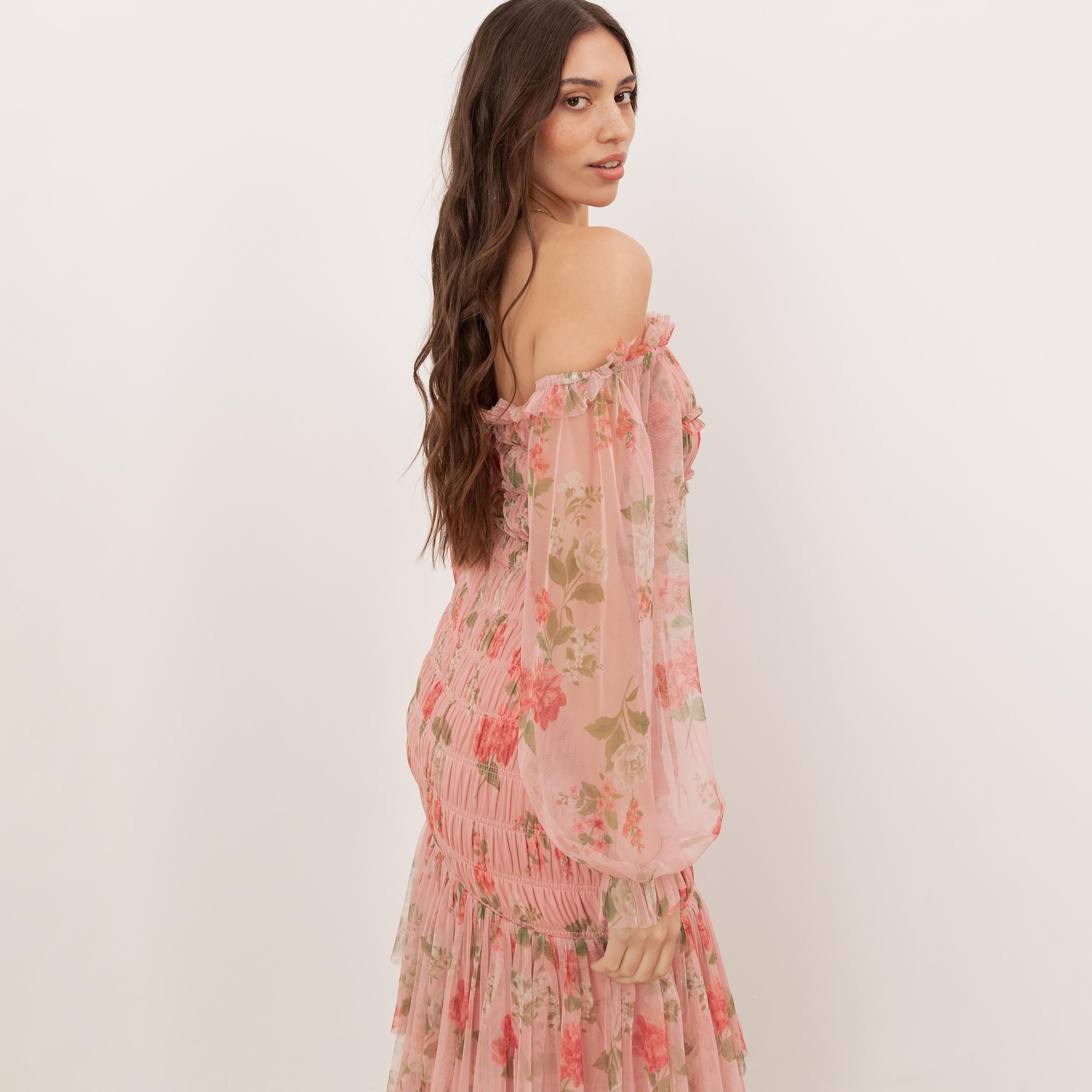 Anaya With Love Pink Floral Print Tulle Off-Shoulder Balloon Sleeves Tiered Women's Maxi Dress-women-clothing-dresses-image-4