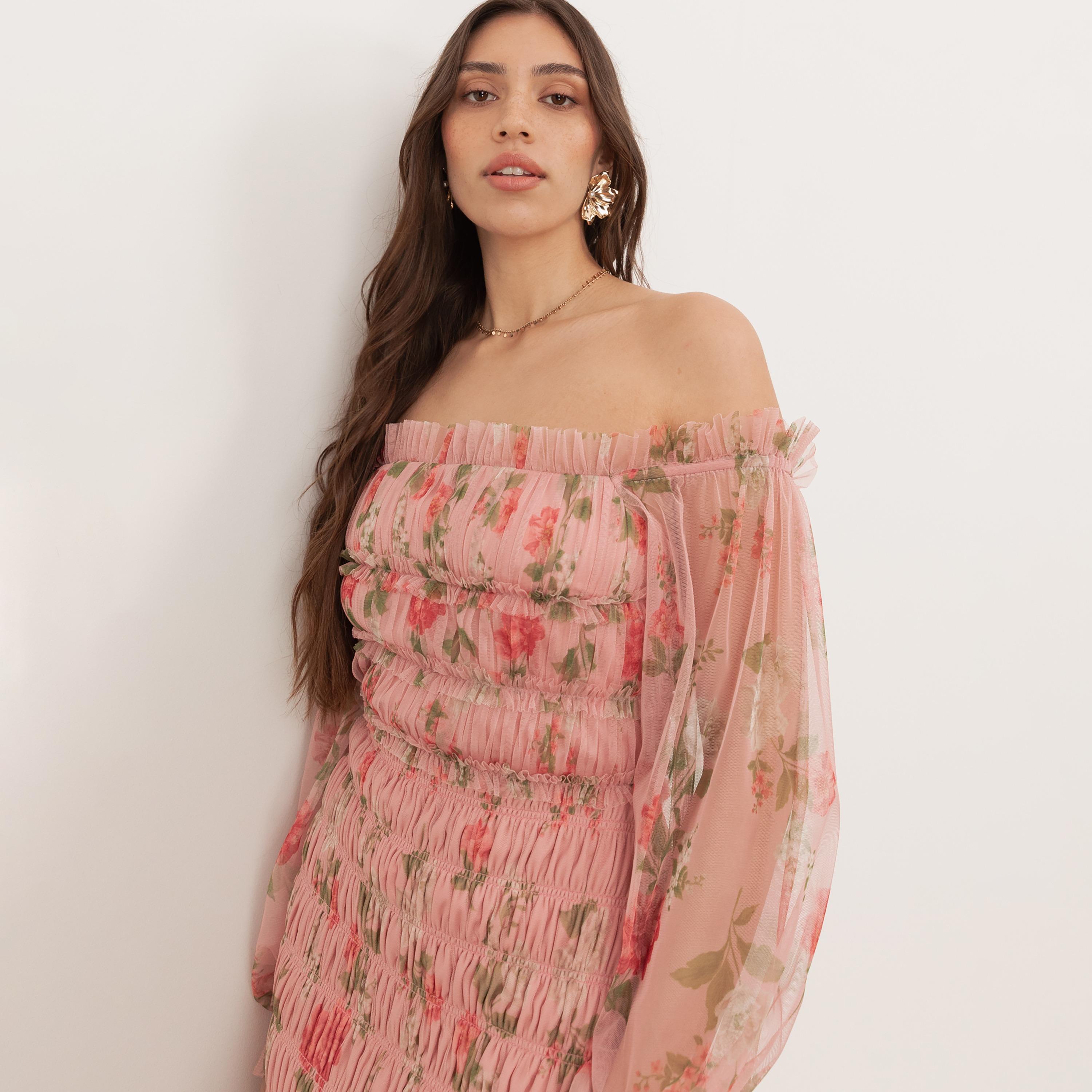 Anaya With Love Pink Floral Print Tulle Off-Shoulder Balloon Sleeves Tiered Women's Maxi Dress-women-clothing-dresses-image-5