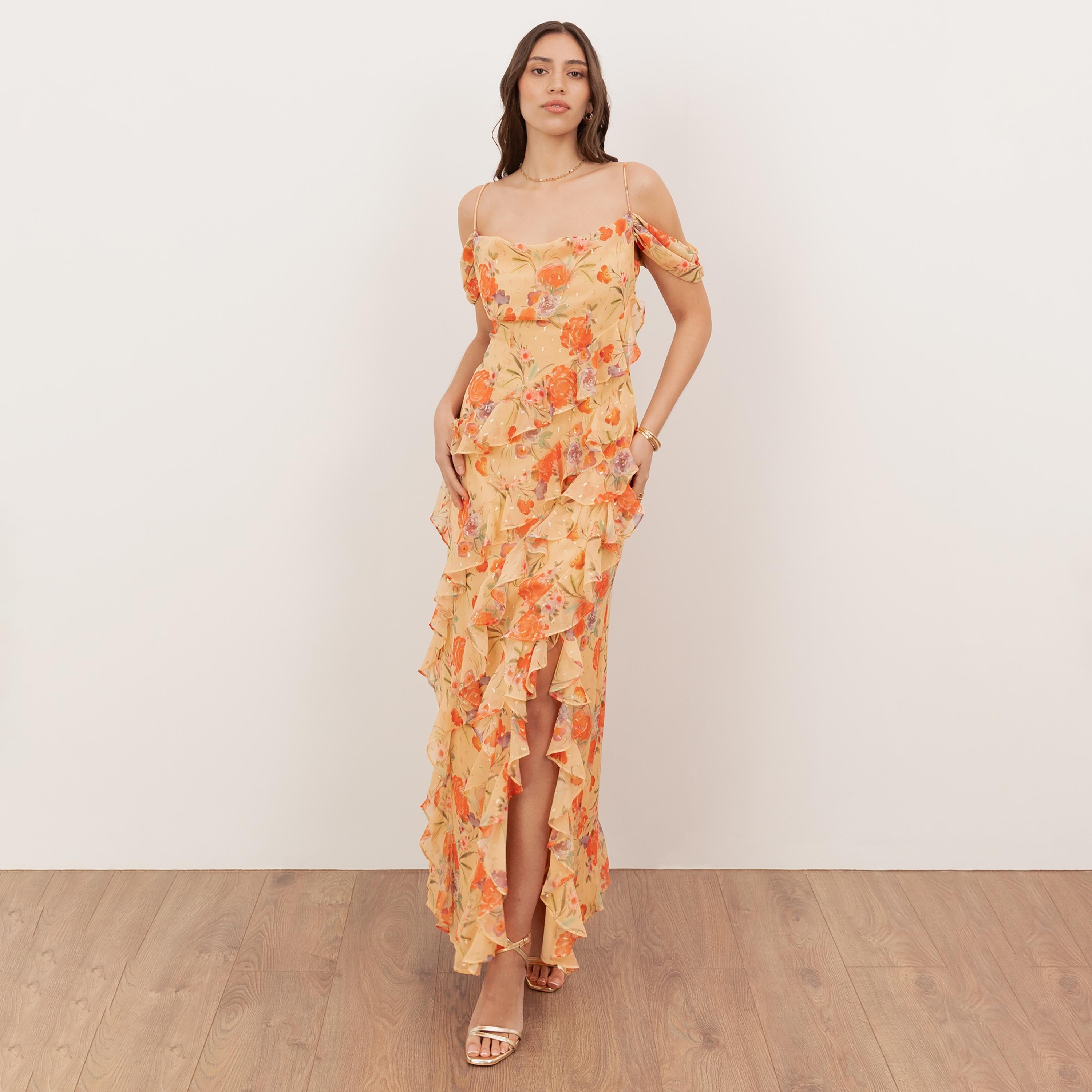 Anaya With Love Recycled Cream Floral Print Chiffon Shoulder Straps Ruffled Women's Maxi Dress-women-clothing-dresses-image-1