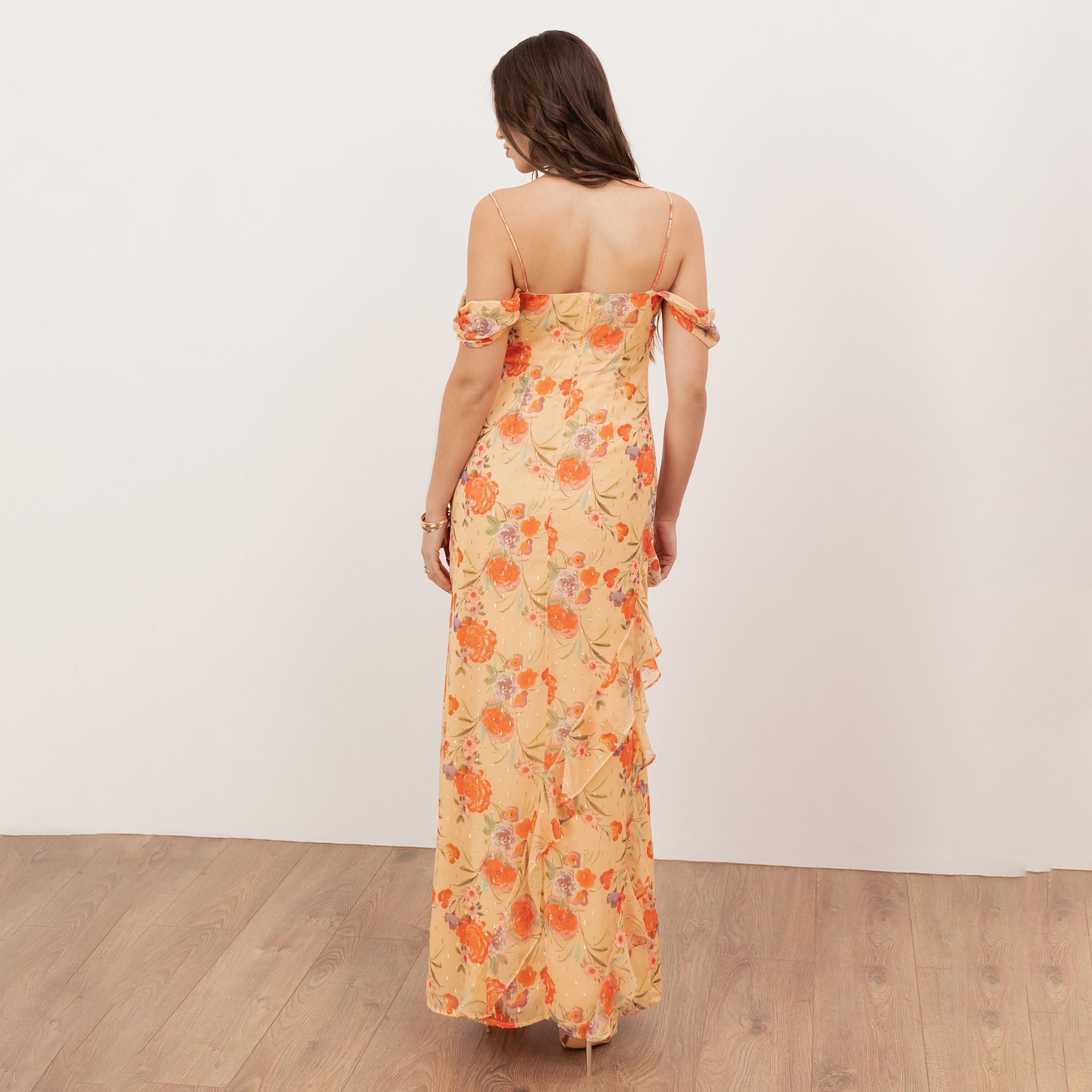 Anaya With Love Recycled Cream Floral Print Chiffon Shoulder Straps Ruffled Women's Maxi Dress-women-clothing-dresses-image-2