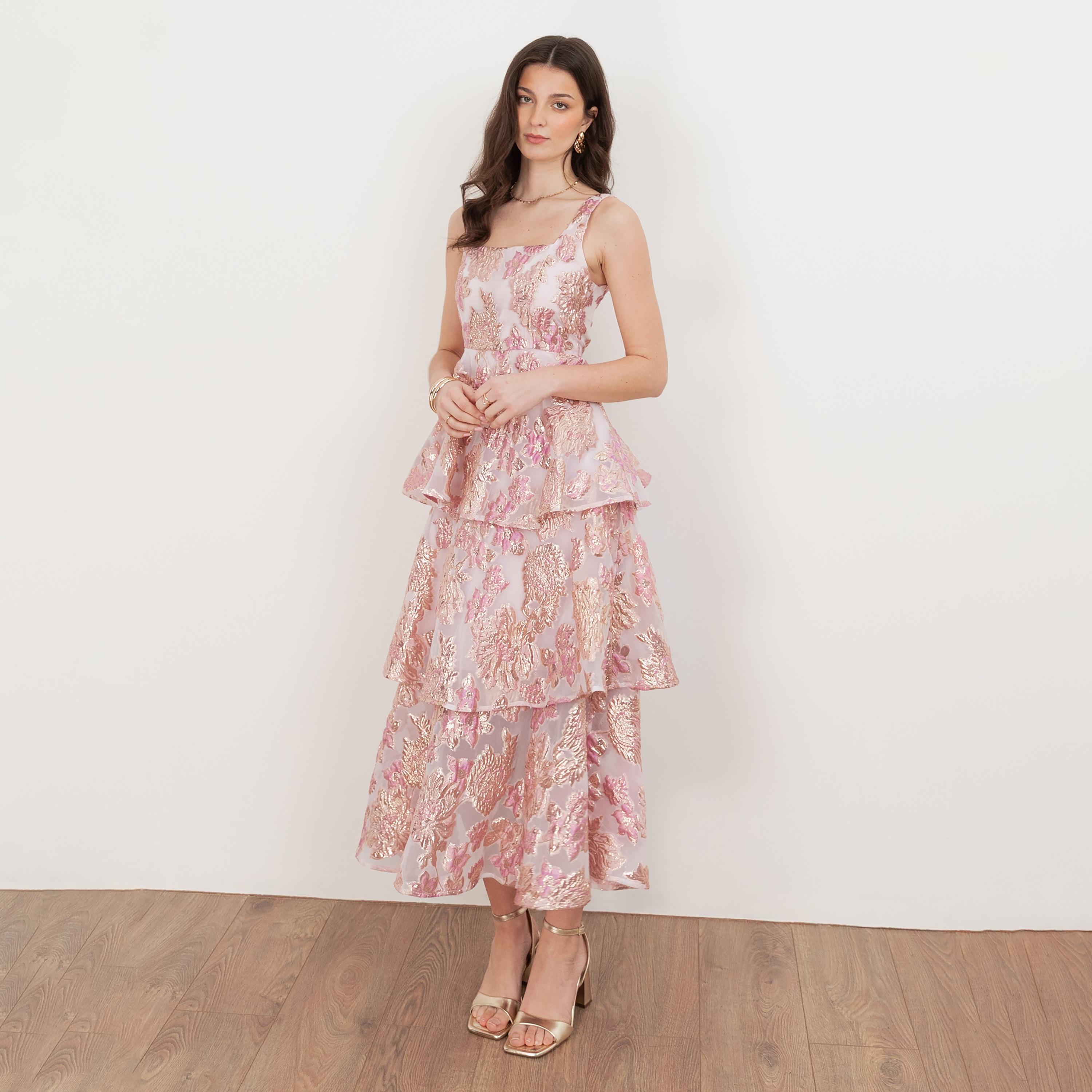 Maya Deluxe Lilac Floral Jacquard Nylon Square Neck Layered Women's Midaxi Dress-women-clothing-dresses-image-1