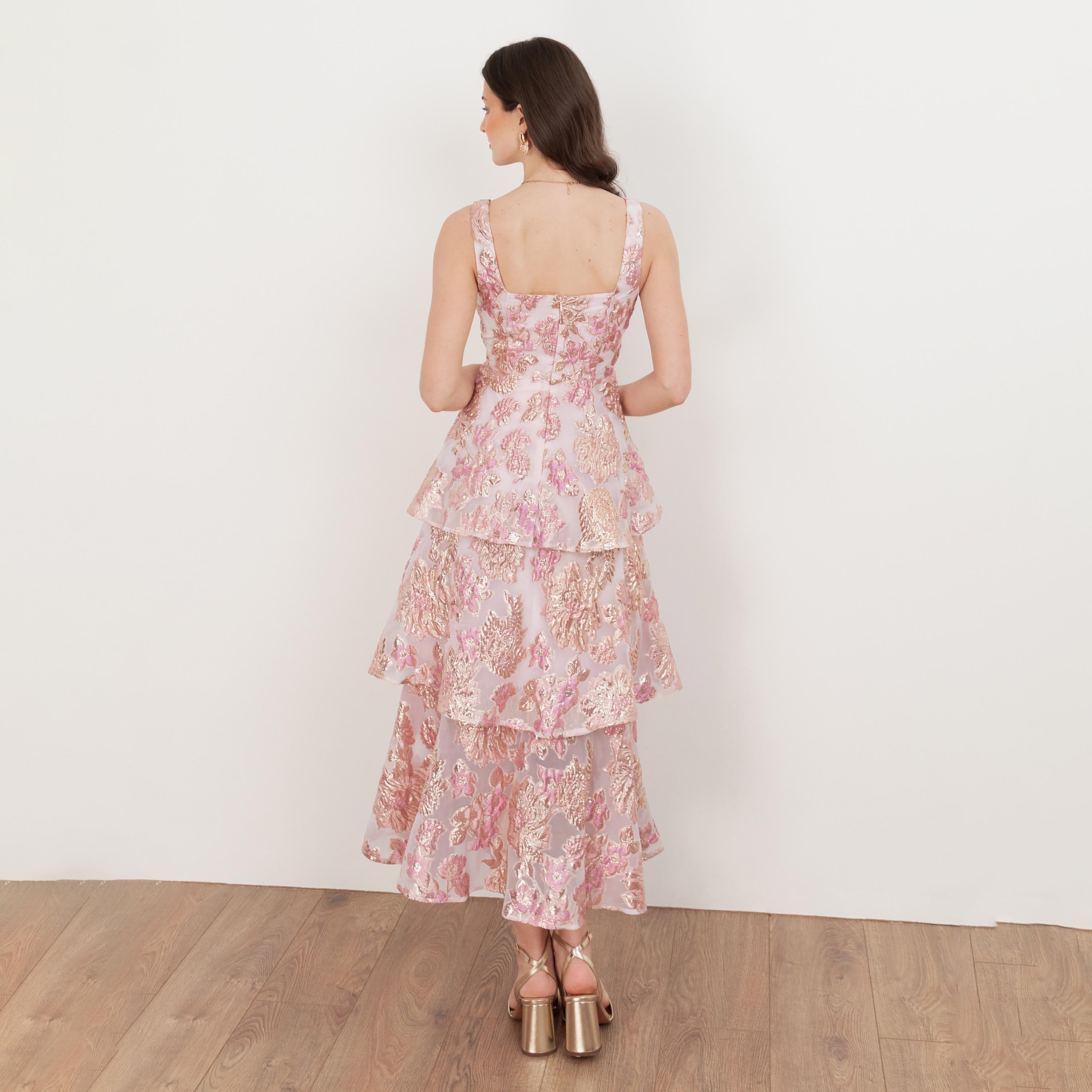 Maya Deluxe Lilac Floral Jacquard Nylon Square Neck Layered Women's Midaxi Dress-women-clothing-dresses-image-2