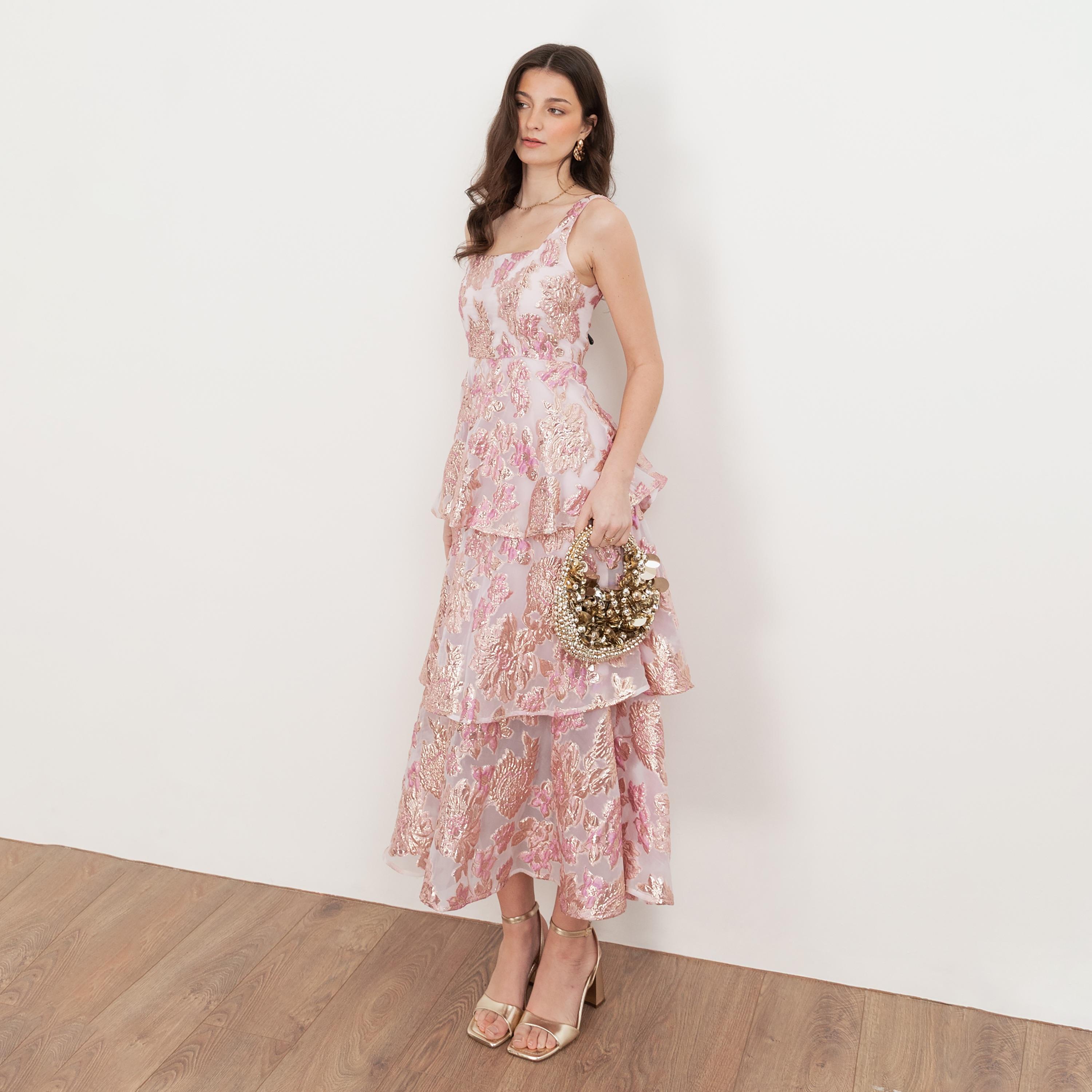 Maya Deluxe Lilac Floral Jacquard Nylon Square Neck Layered Women's Midaxi Dress-women-clothing-dresses-image-3