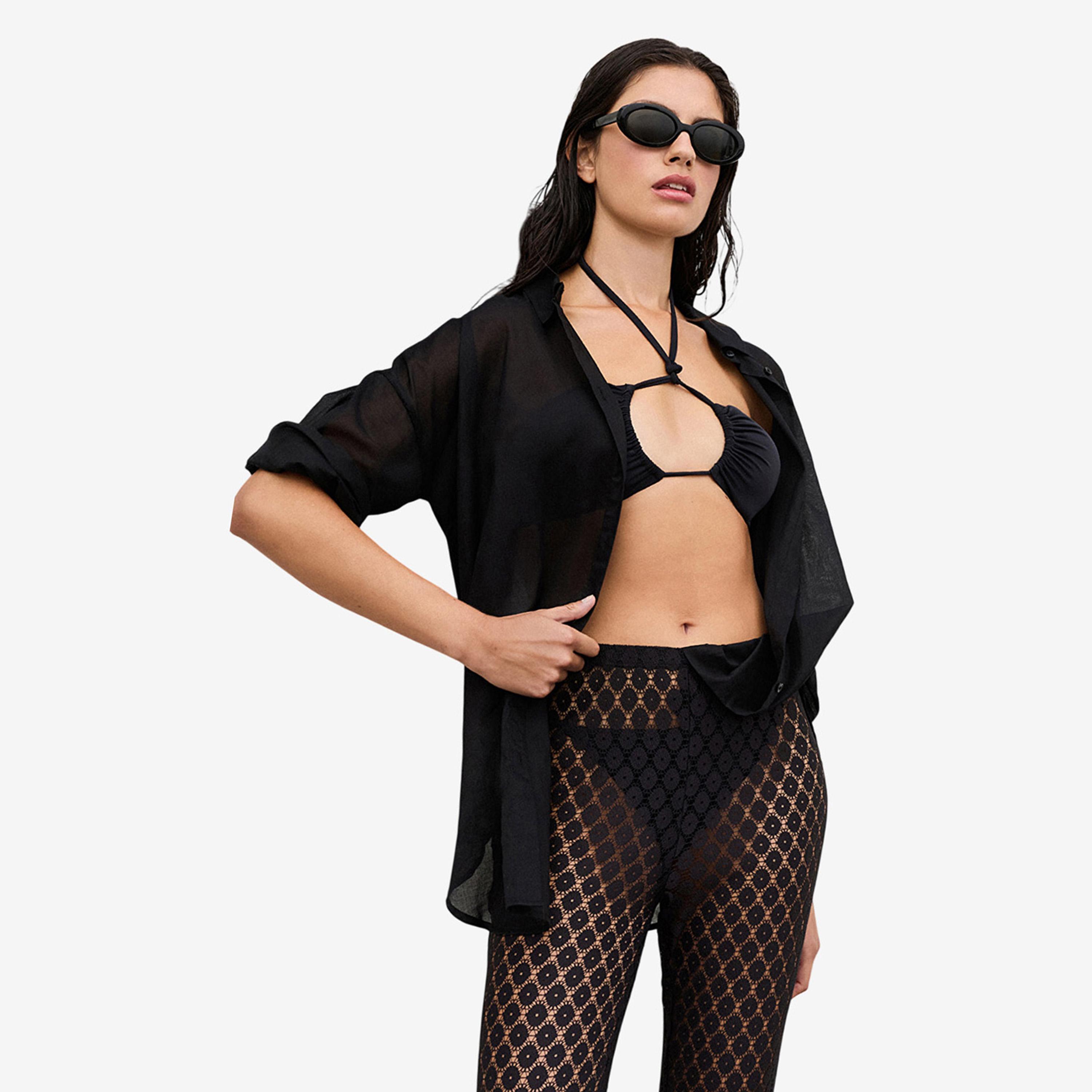 Penti Black Plain Collared Women's Shirt-women-clothing-swimandbeach-beachwear-image-3