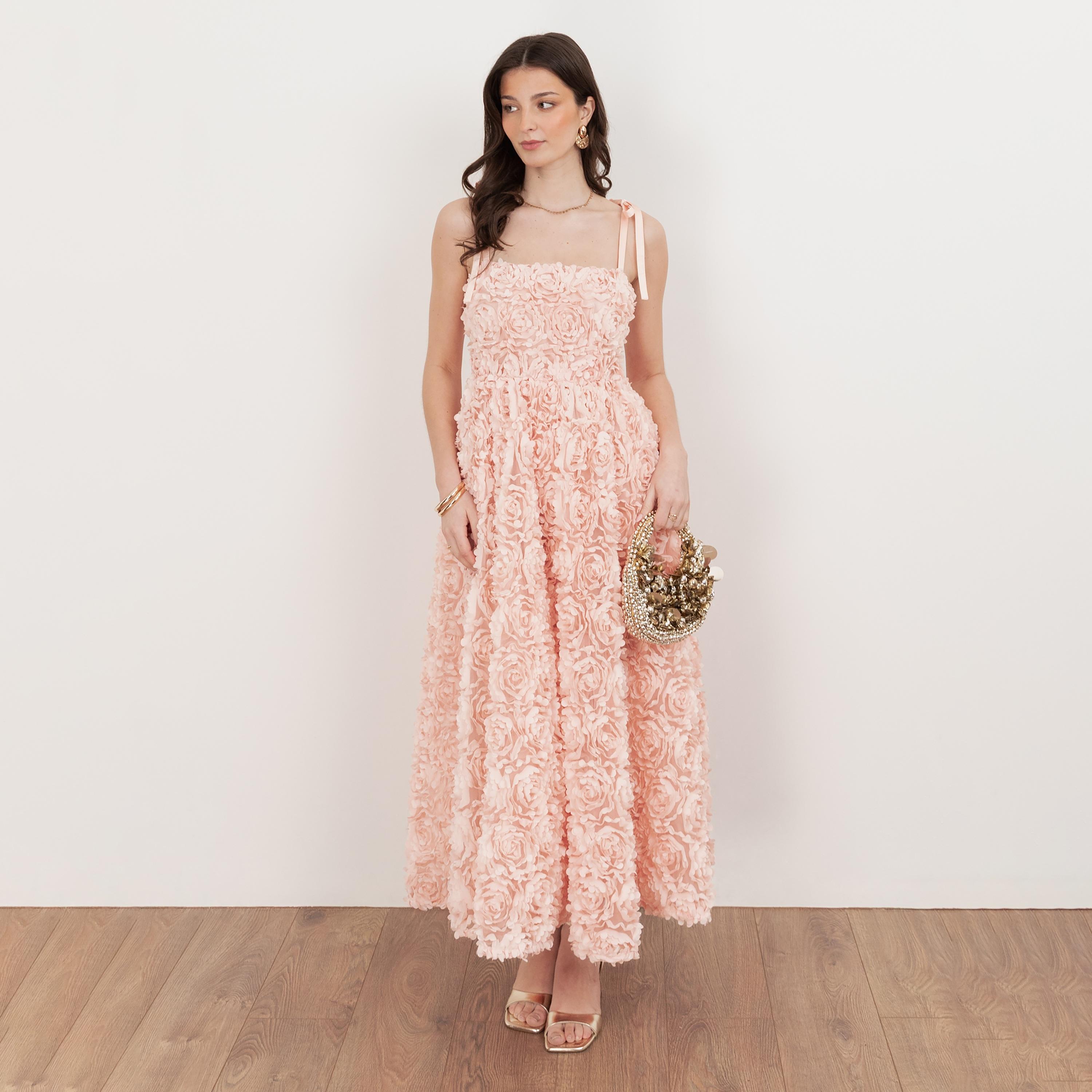 Maya Deluxe Pale Peach 3D Floral Shoulder Straps Empire Waist Women's Evening Midaxi Dress-women-clothing-dresses-image-1