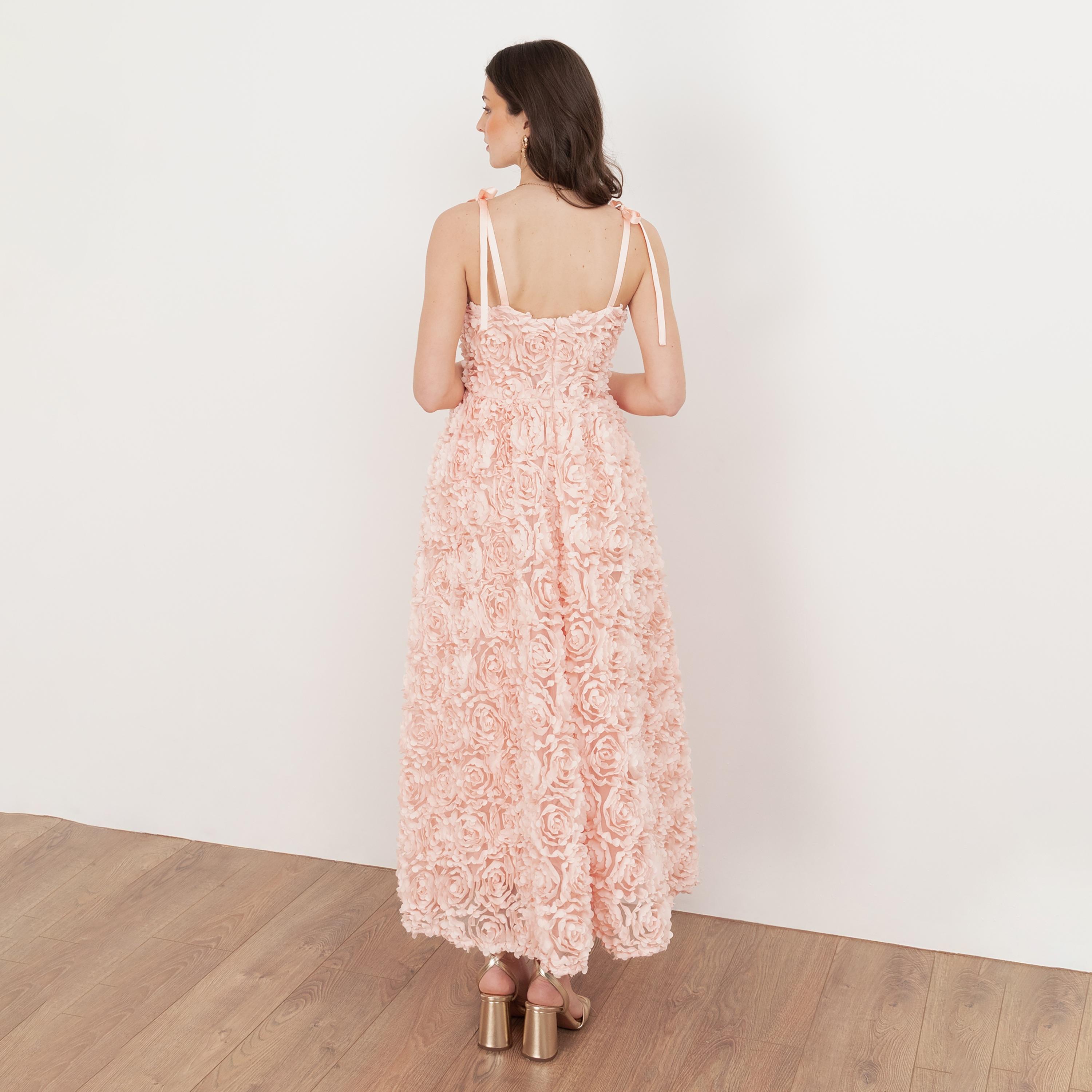 Maya Deluxe Pale Peach 3D Floral Shoulder Straps Empire Waist Women's Evening Midaxi Dress-women-clothing-dresses-image-2