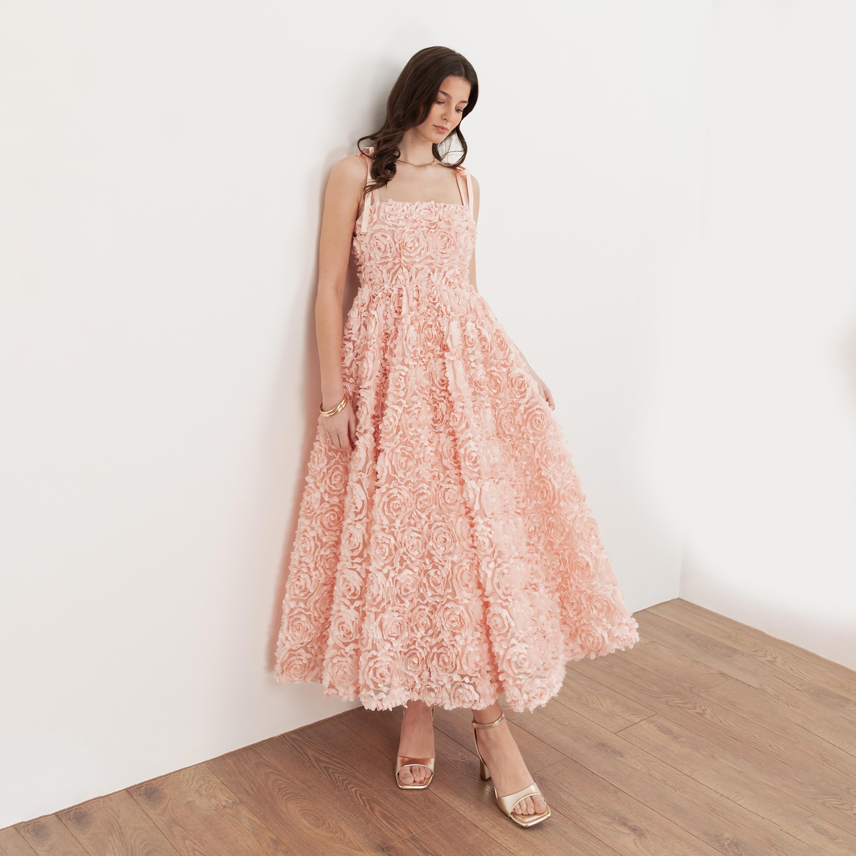 Maya Deluxe Pale Peach 3D Floral Shoulder Straps Empire Waist Women's Evening Midaxi Dress-women-clothing-dresses-image-3