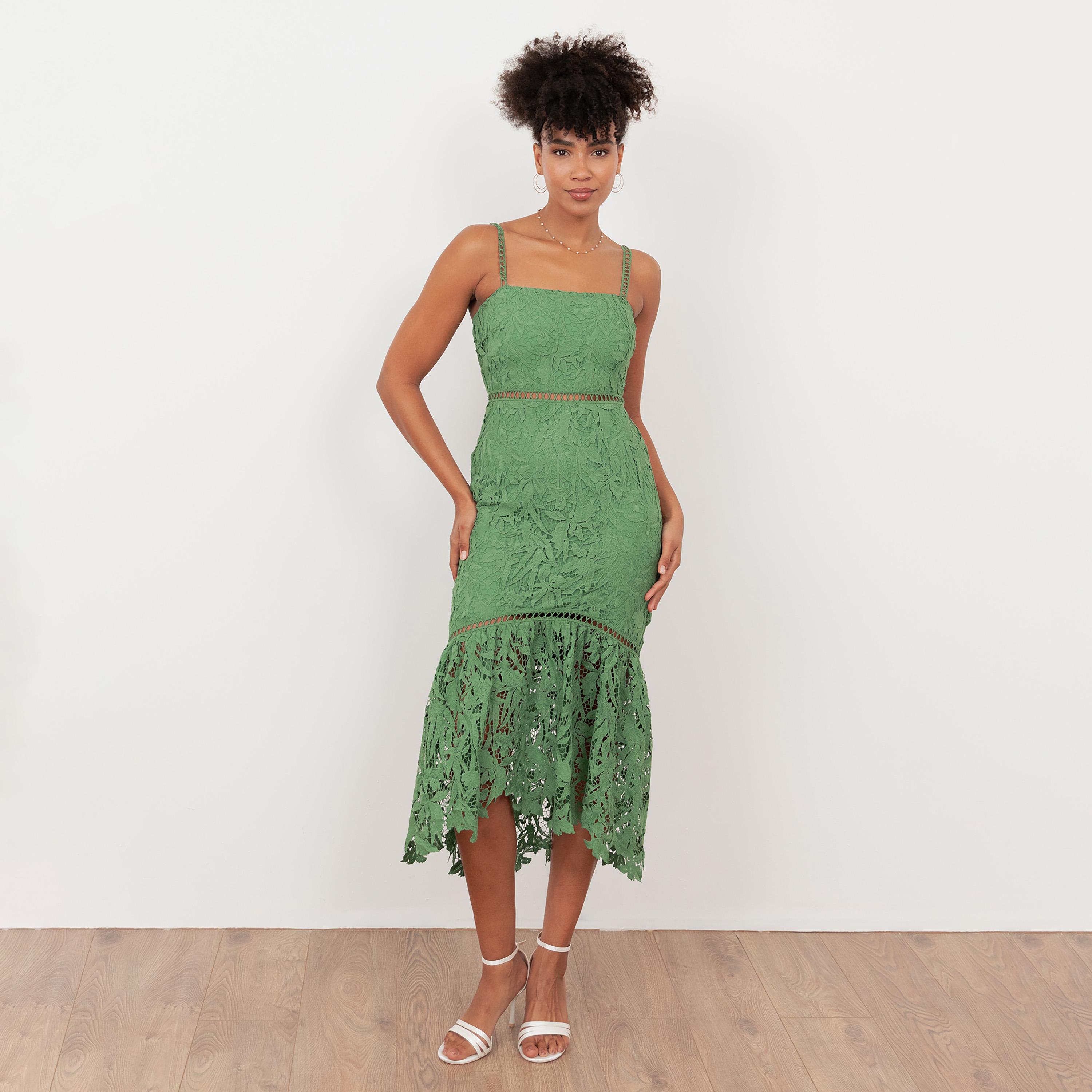 Maya Deluxe Green All-Over Lace Shoulder Straps Trumpet Women's Midi Dress-women-clothing-dresses-image-1